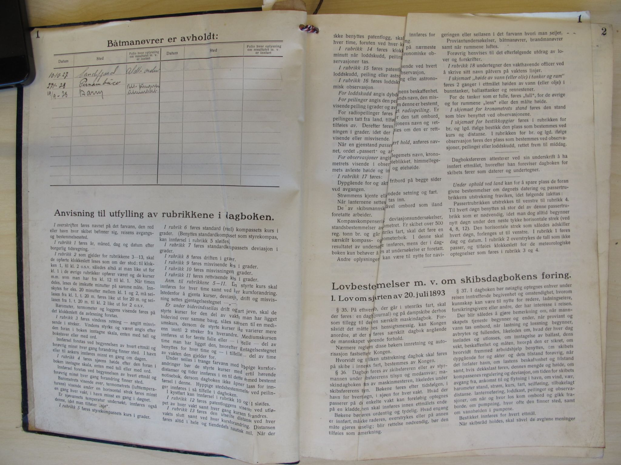 Skipsjournaler. Hvalfangstmuseet, VEMU/ARS-A-1030/F/L0212: Thorøy, D/S, tankskip, Sandefjord, 1927-1928