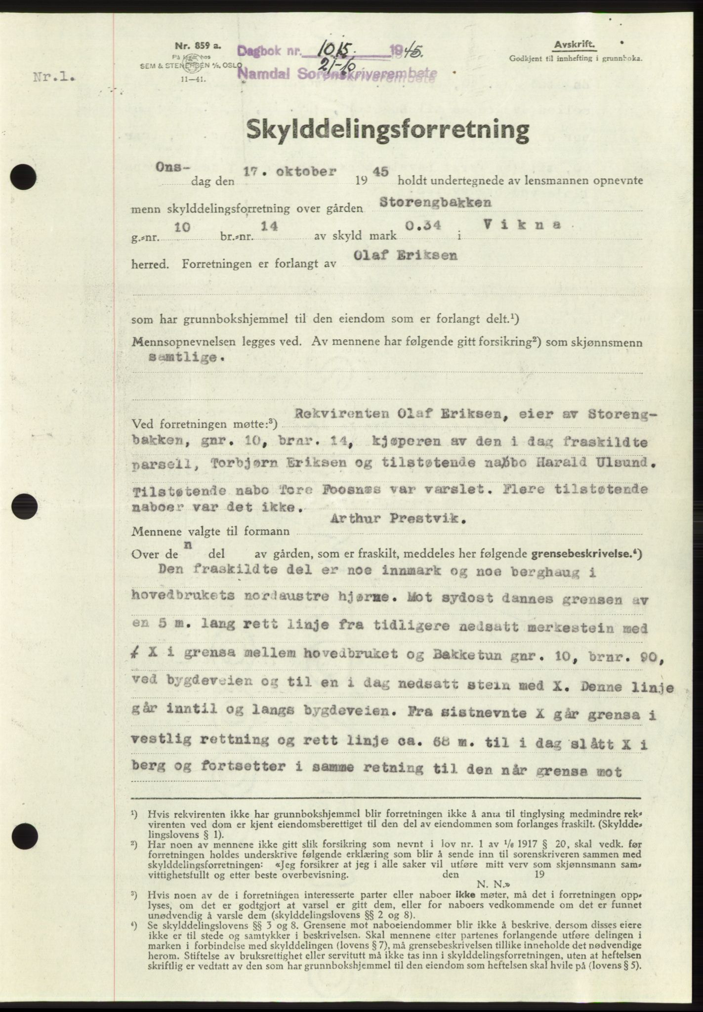Namdal sorenskriveri, SAT/A-4133/1/2/2C: Pantebok nr. -, 1944-1945, Dagboknr: 1015/1945