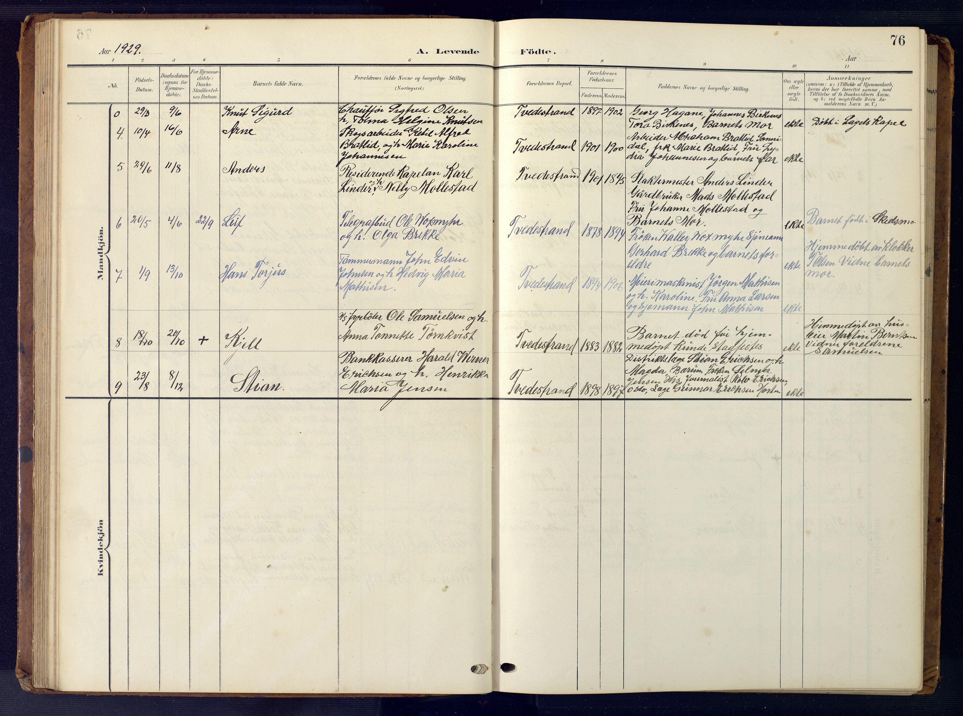 Tvedestrand sokneprestkontor, AV/SAK-1111-0042/F/Fb/L0001: Klokkerbok nr. B 1, 1902-1956, s. 76