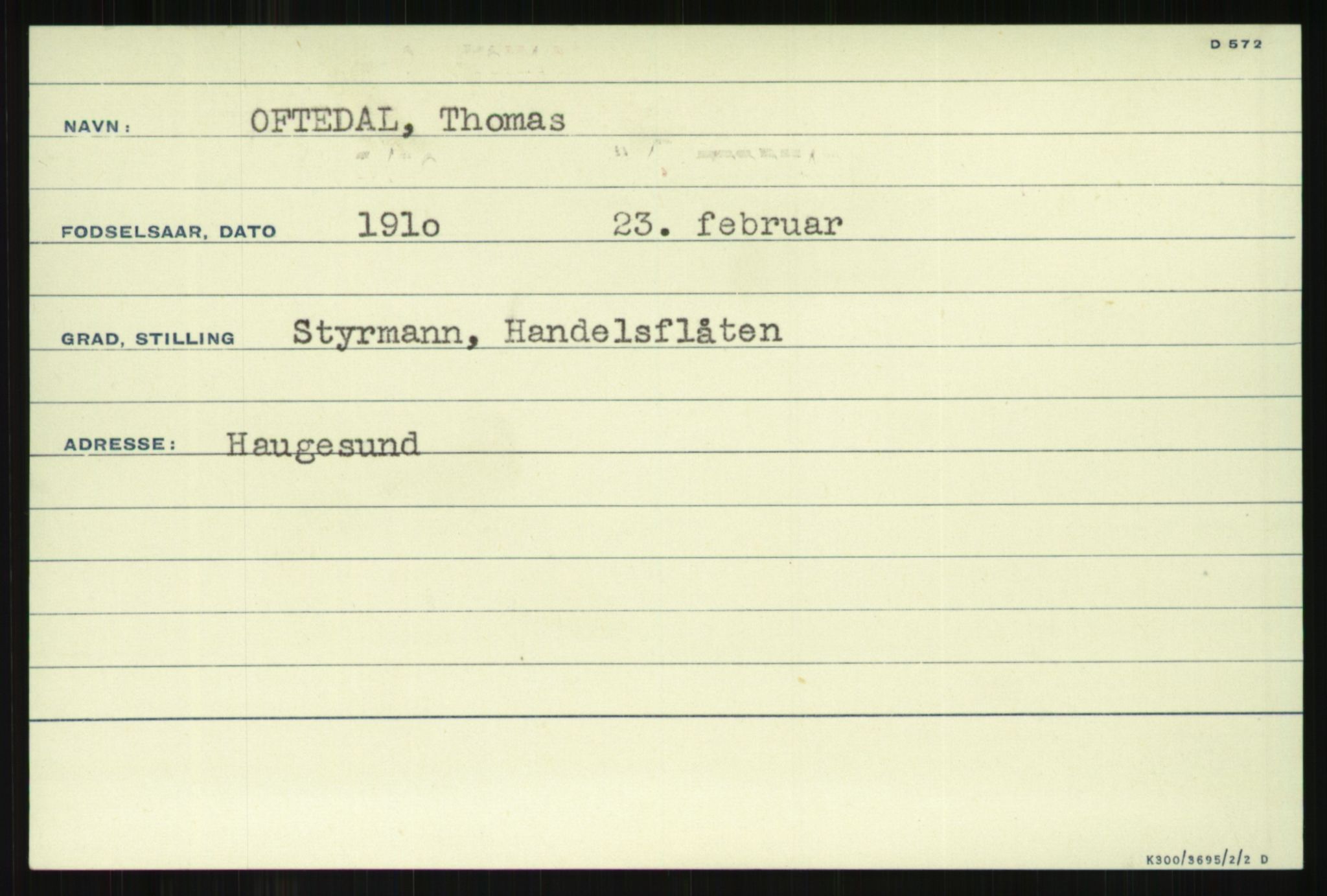 Direktoratet for sjømenn, AV/RA-S-3545/G/Gi/L0008: Alfabetisk ordnet kartotek over krigsdekorasjoner tildelt nordmenn under krigen, Odden - Staalstrøm, 1940-1945, s. 17