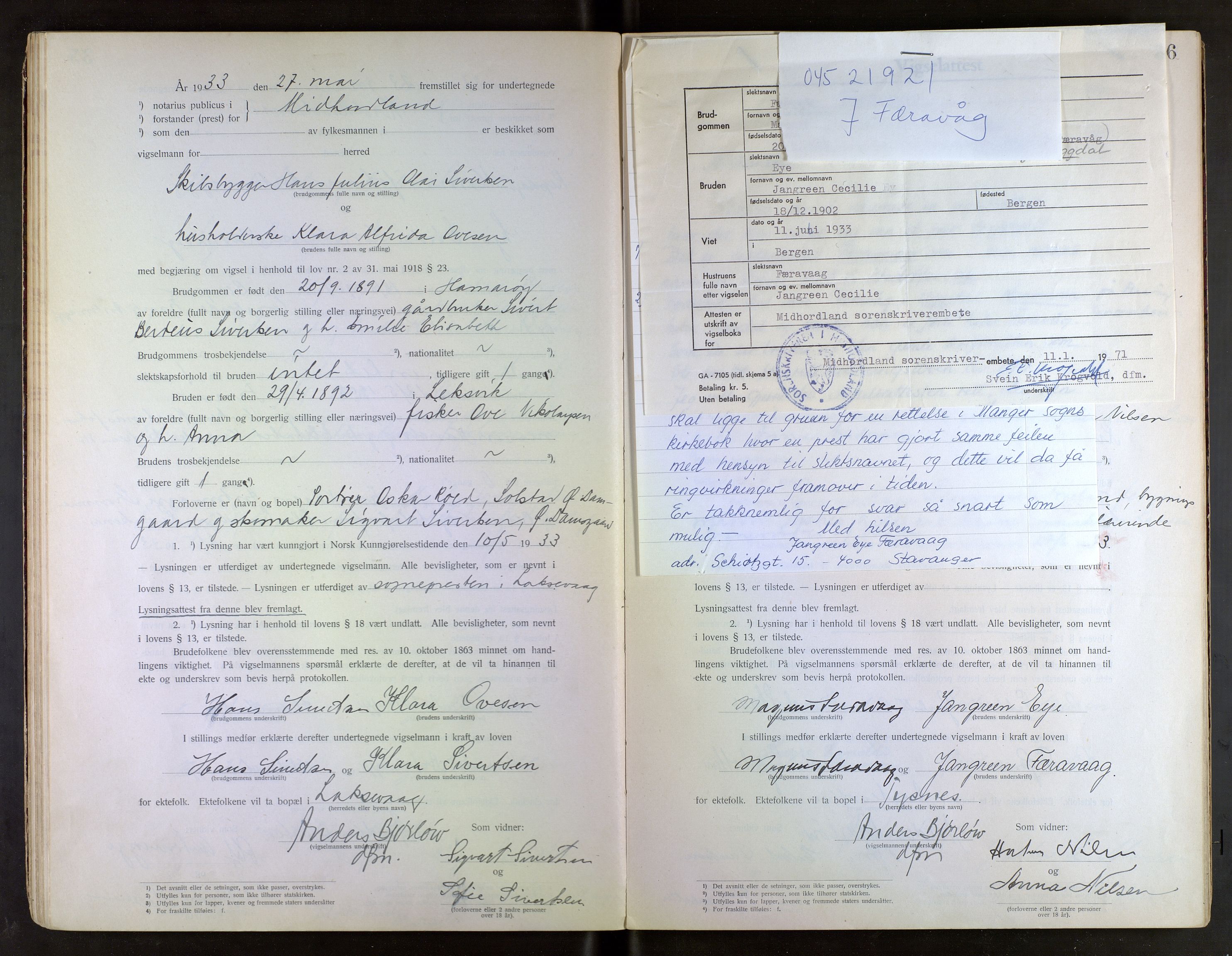 Midhordland sorenskriveri, SAB/A-3001/1/M/Mc/Mca/L0001: Notarialbilag. Vigselbøker, 1920-1939