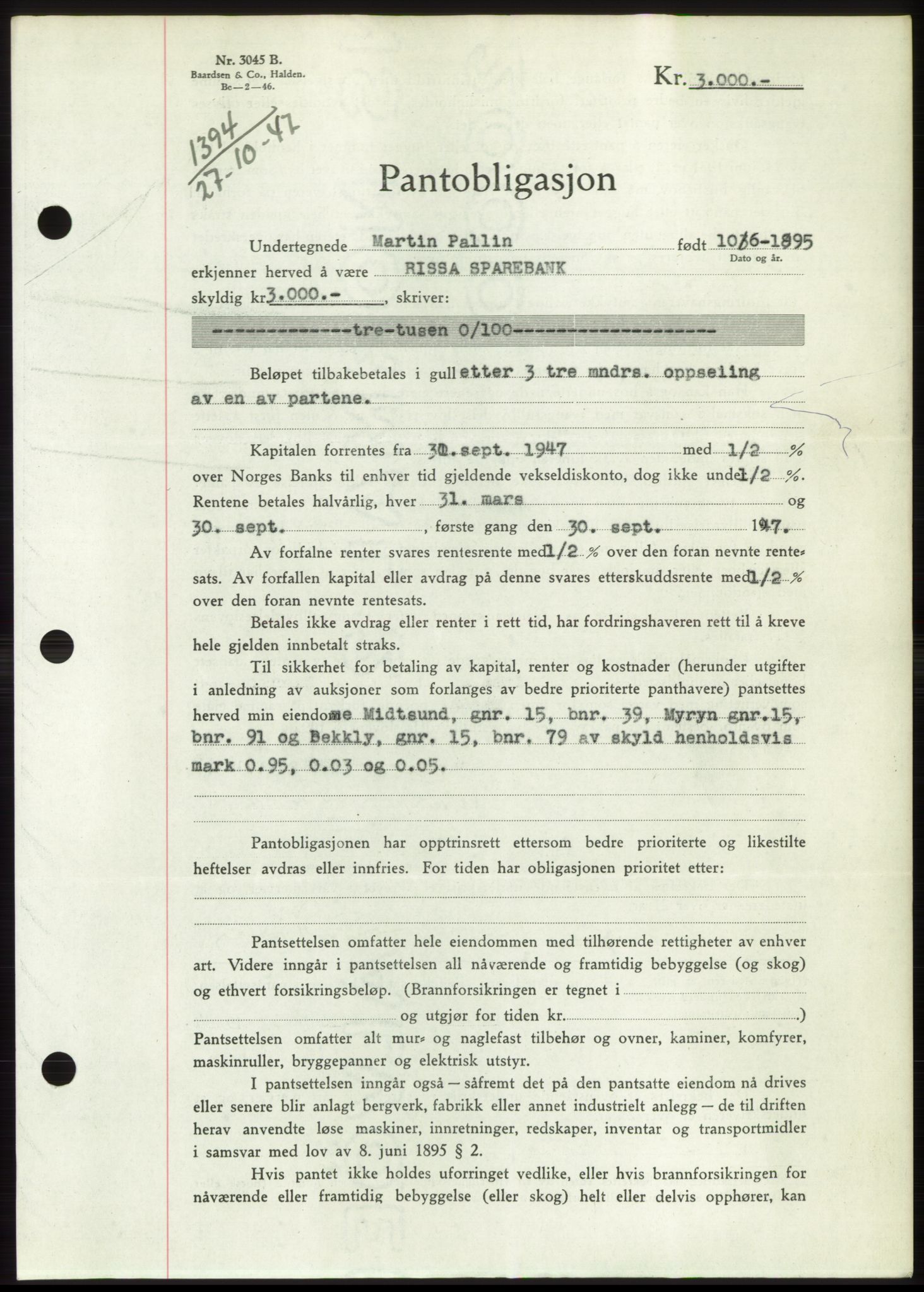 Fosen sorenskriveri, AV/SAT-A-1107/1/2/2C: Pantebok nr. B, 1946-1948, Dagboknr: 1394/1947