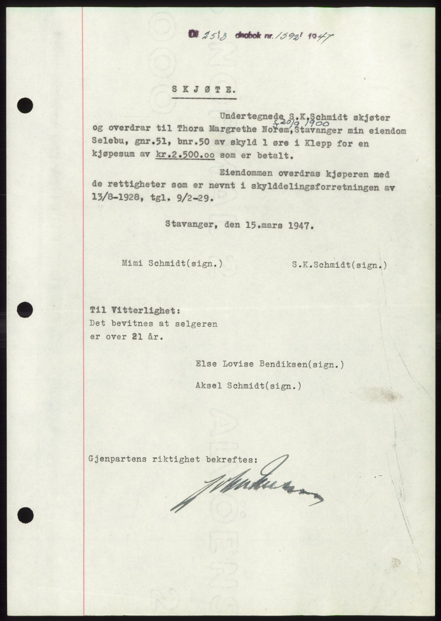 Jæren sorenskriveri, SAST/A-100310/03/G/Gba/L0094: Pantebok, 1947-1947, Dagboknr: 1592/1947