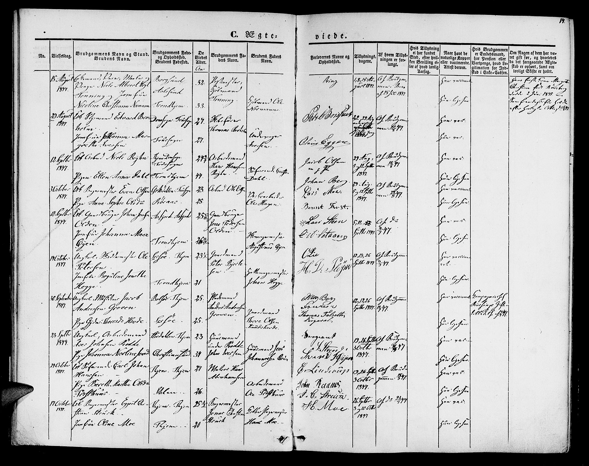 Ministerialprotokoller, klokkerbøker og fødselsregistre - Sør-Trøndelag, SAT/A-1456/602/L0111: Ministerialbok nr. 602A09, 1844-1867, s. 14