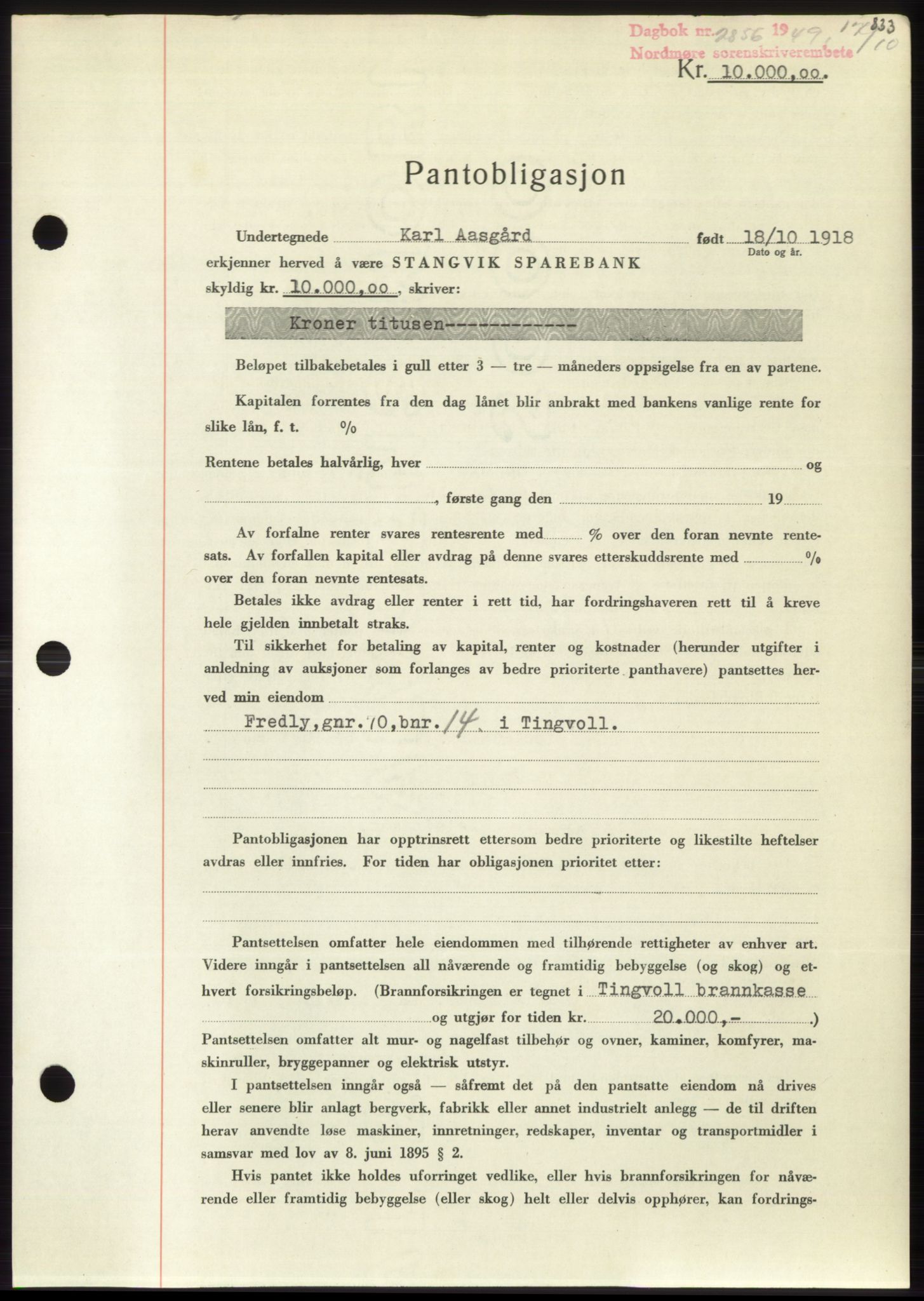 Nordmøre sorenskriveri, SAT/A-4132/1/2/2Ca: Pantebok nr. B102, 1949-1949, Dagboknr: 2856/1949