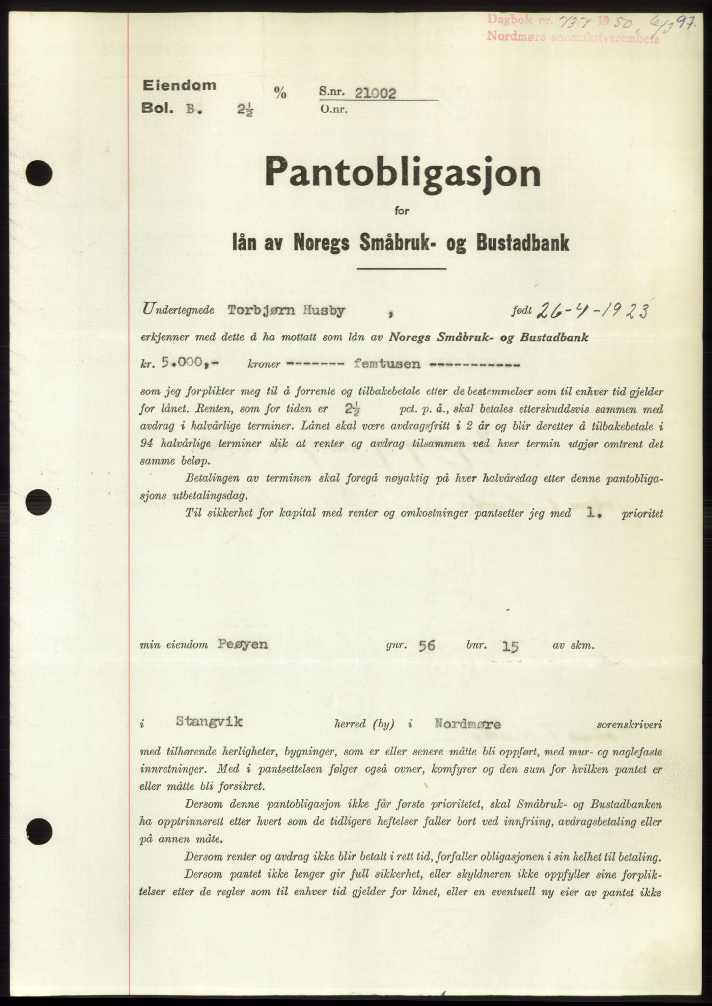 Nordmøre sorenskriveri, SAT/A-4132/1/2/2Ca: Pantebok nr. B104, 1950-1950, Dagboknr: 737/1950