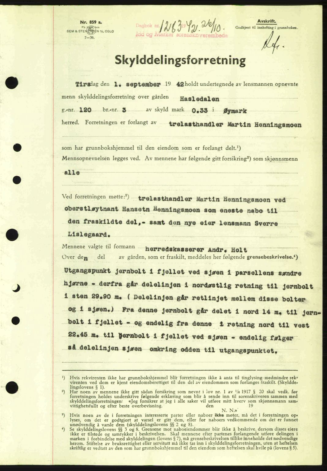 Idd og Marker sorenskriveri, AV/SAO-A-10283/G/Gb/Gbb/L0005: Pantebok nr. A5, 1941-1943, Dagboknr: 1283/1942