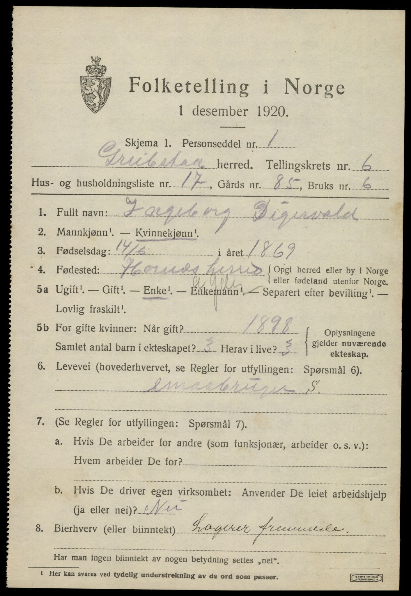 SAK, Folketelling 1920 for 1017 Greipstad herred, 1920, s. 2070