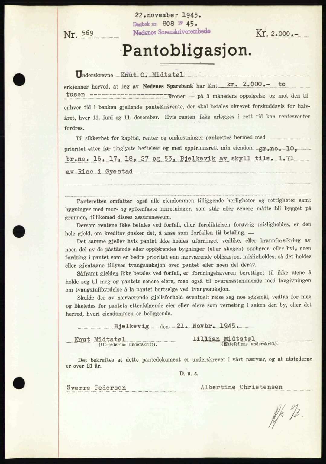 Nedenes sorenskriveri, SAK/1221-0006/G/Gb/Gbb/L0003: Pantebok nr. B3a, 1945-1945, Dagboknr: 808/1945