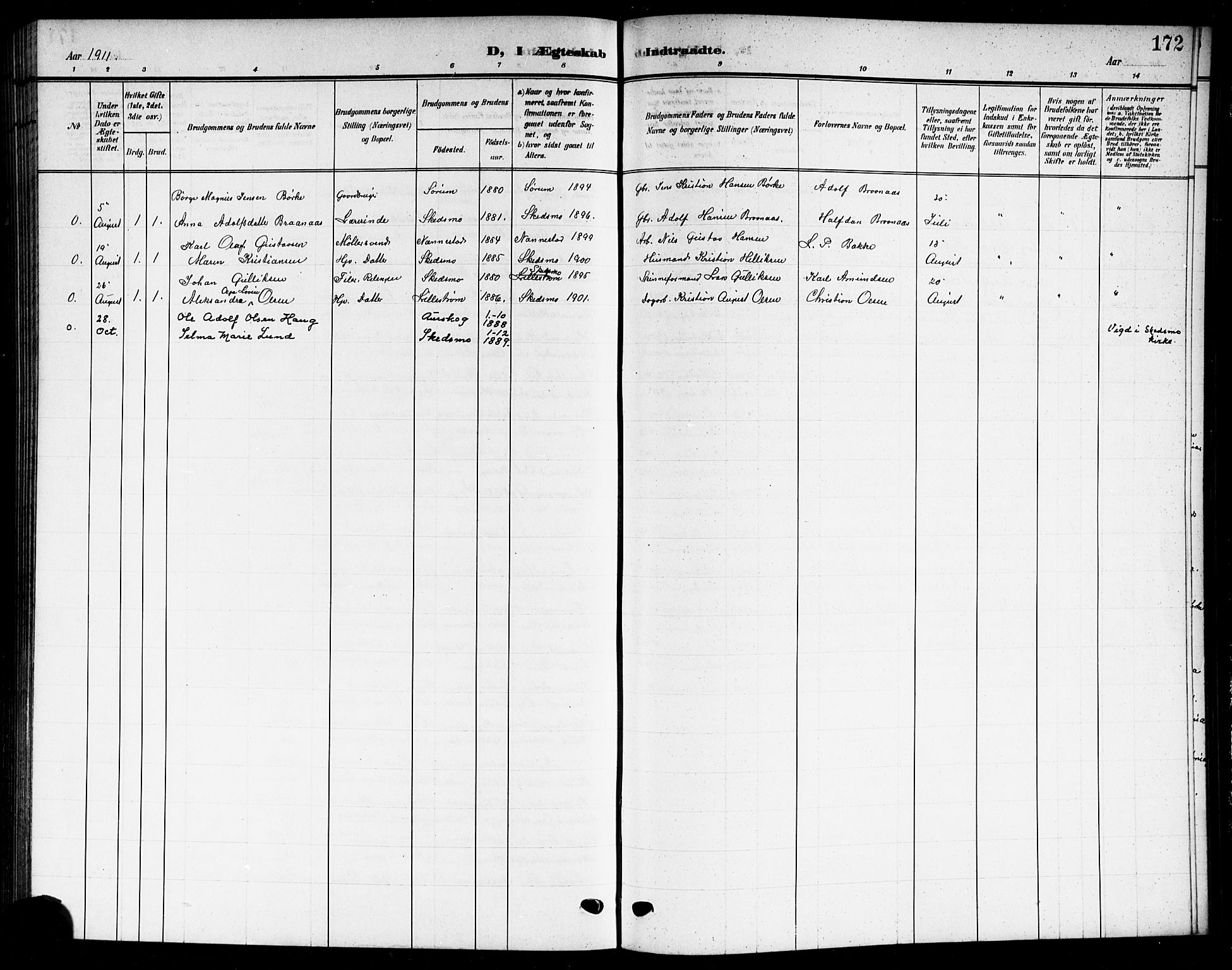 Skedsmo prestekontor Kirkebøker, AV/SAO-A-10033a/G/Gc/L0001: Klokkerbok nr. III 1, 1908-1916, s. 172