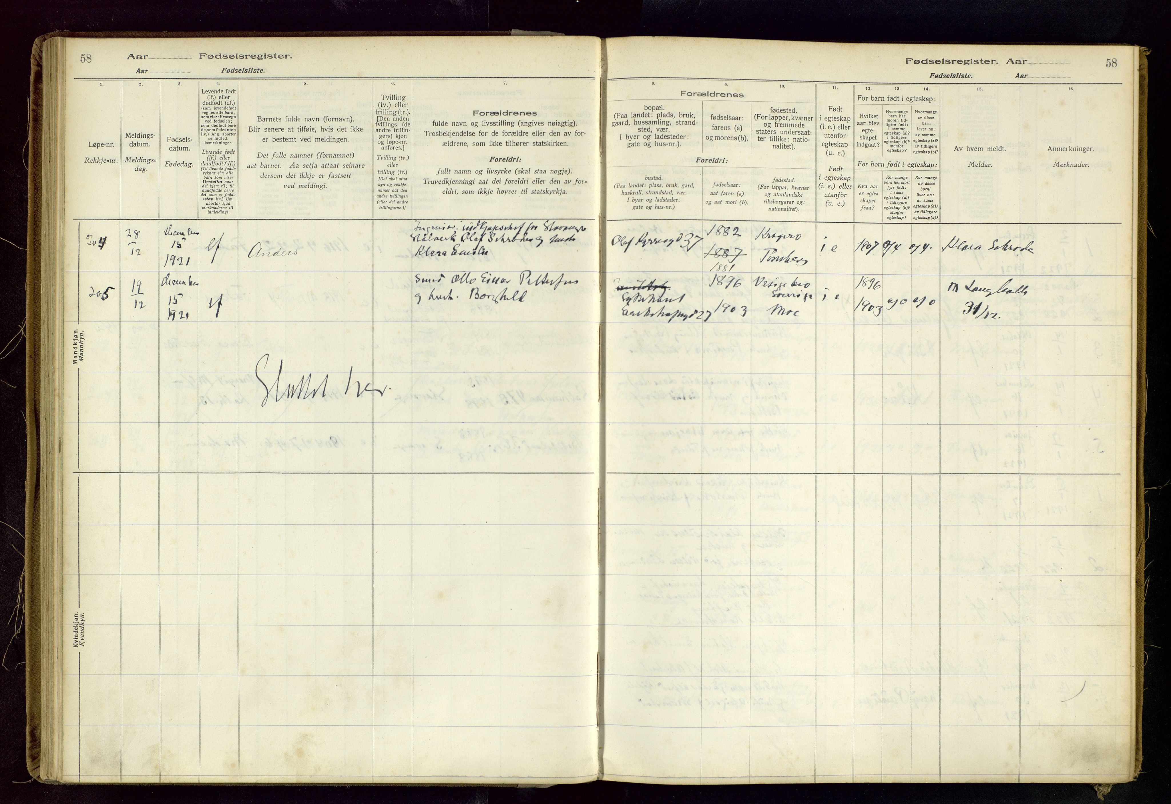 Domkirken sokneprestkontor, AV/SAST-A-101812/002/B/L0002: Fødselsregister nr. 2, 1920-1925, s. 58