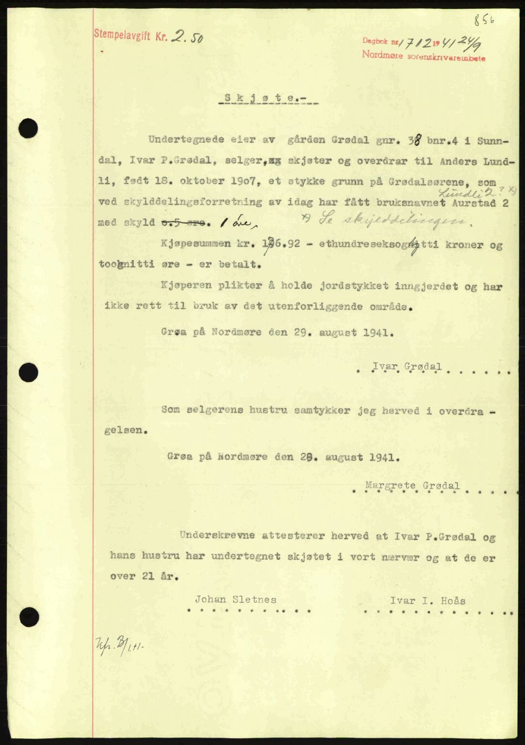 Nordmøre sorenskriveri, SAT/A-4132/1/2/2Ca: Pantebok nr. A90, 1941-1941, Dagboknr: 1712/1941