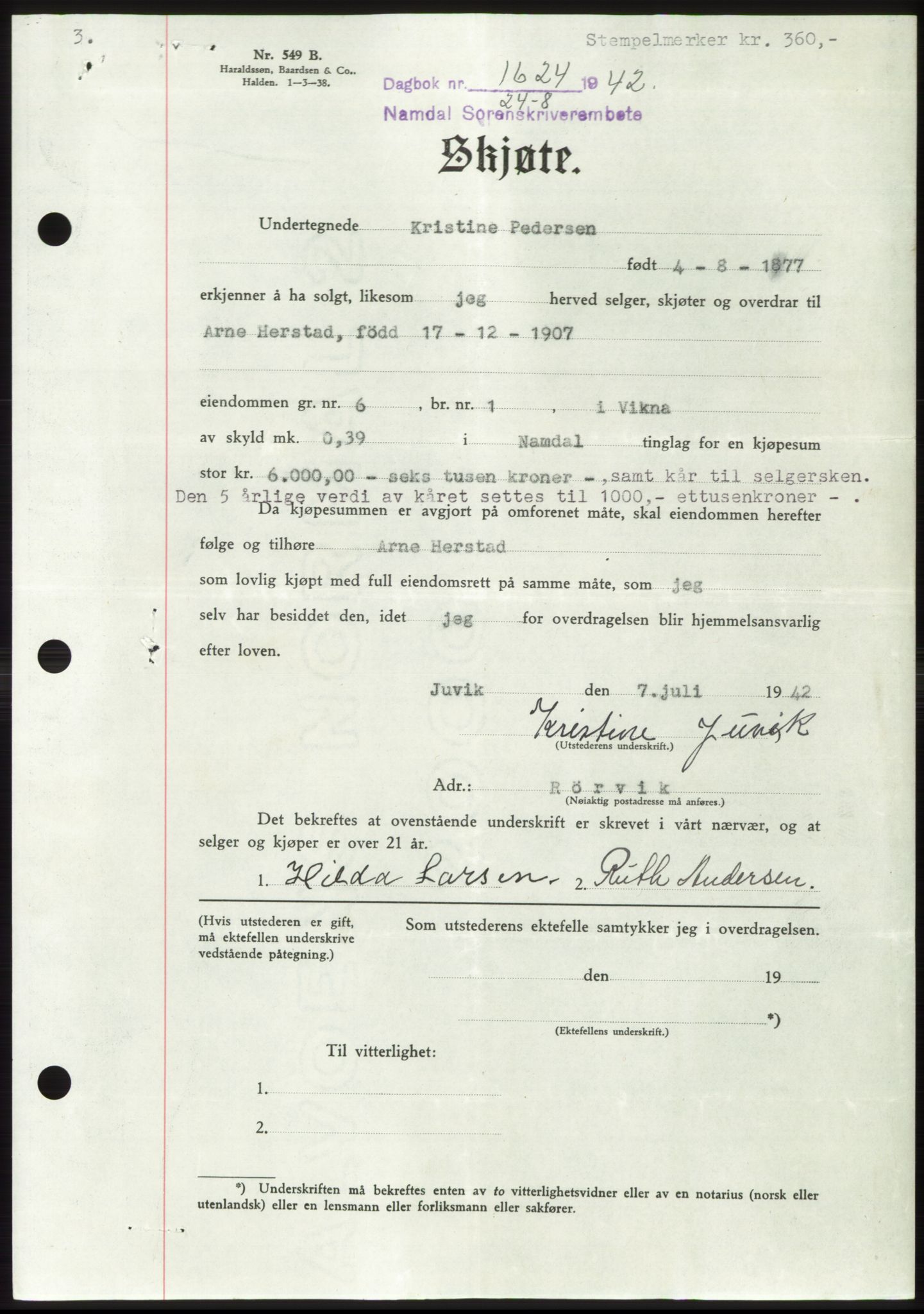 Namdal sorenskriveri, SAT/A-4133/1/2/2C: Pantebok nr. -, 1942-1943, Dagboknr: 1624/1942