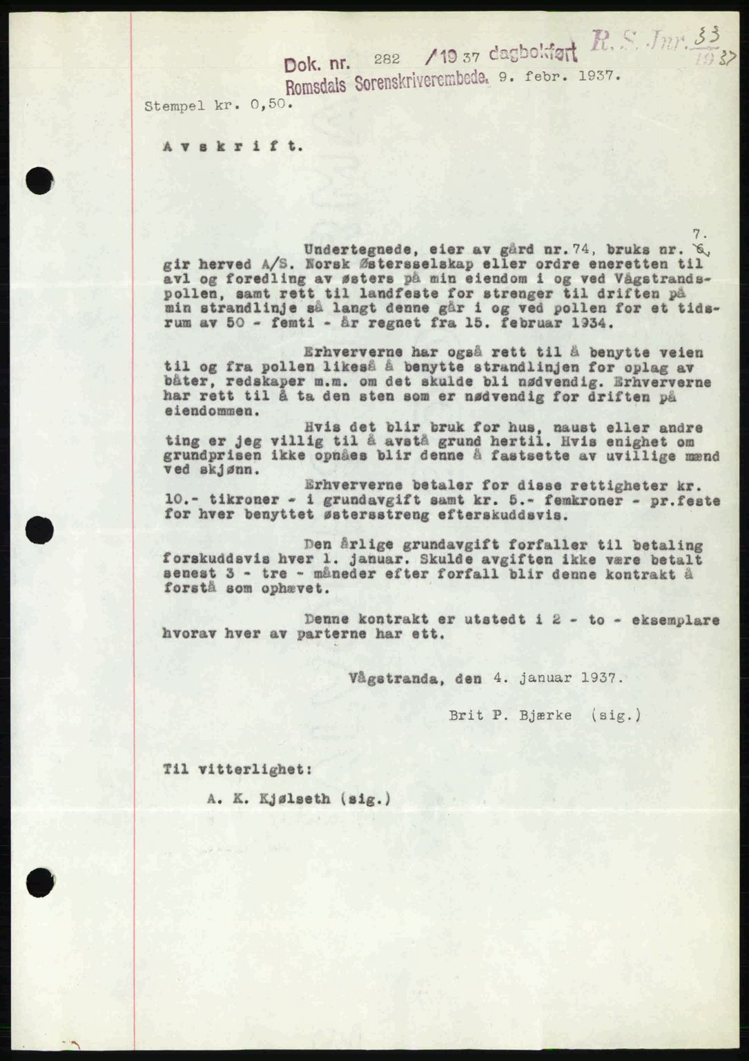 Romsdal sorenskriveri, SAT/A-4149/1/2/2C: Pantebok nr. B1, 1936-1939, Dagboknr: 282/1937