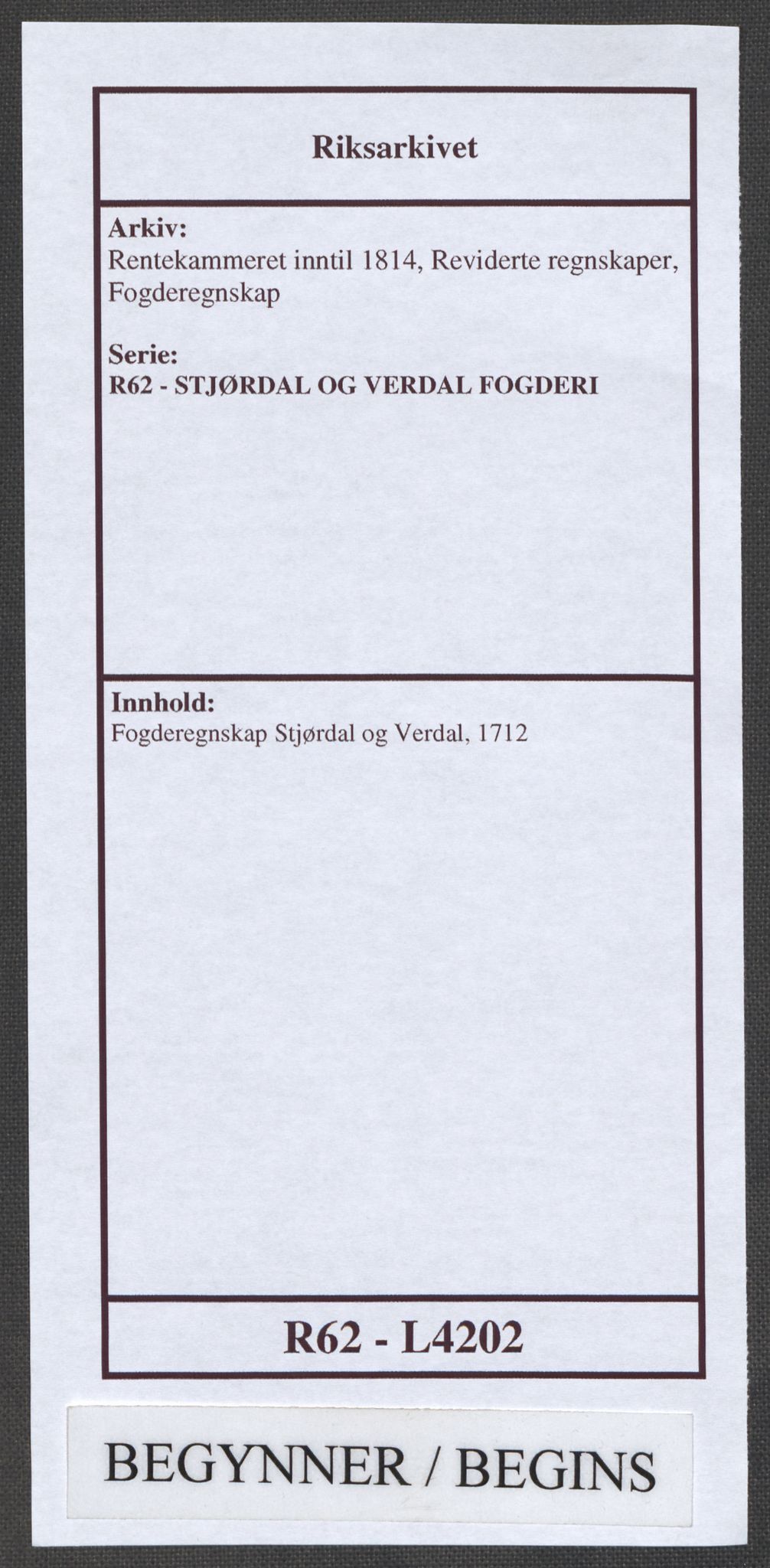 Rentekammeret inntil 1814, Reviderte regnskaper, Fogderegnskap, RA/EA-4092/R62/L4202: Fogderegnskap Stjørdal og Verdal, 1712, s. 1