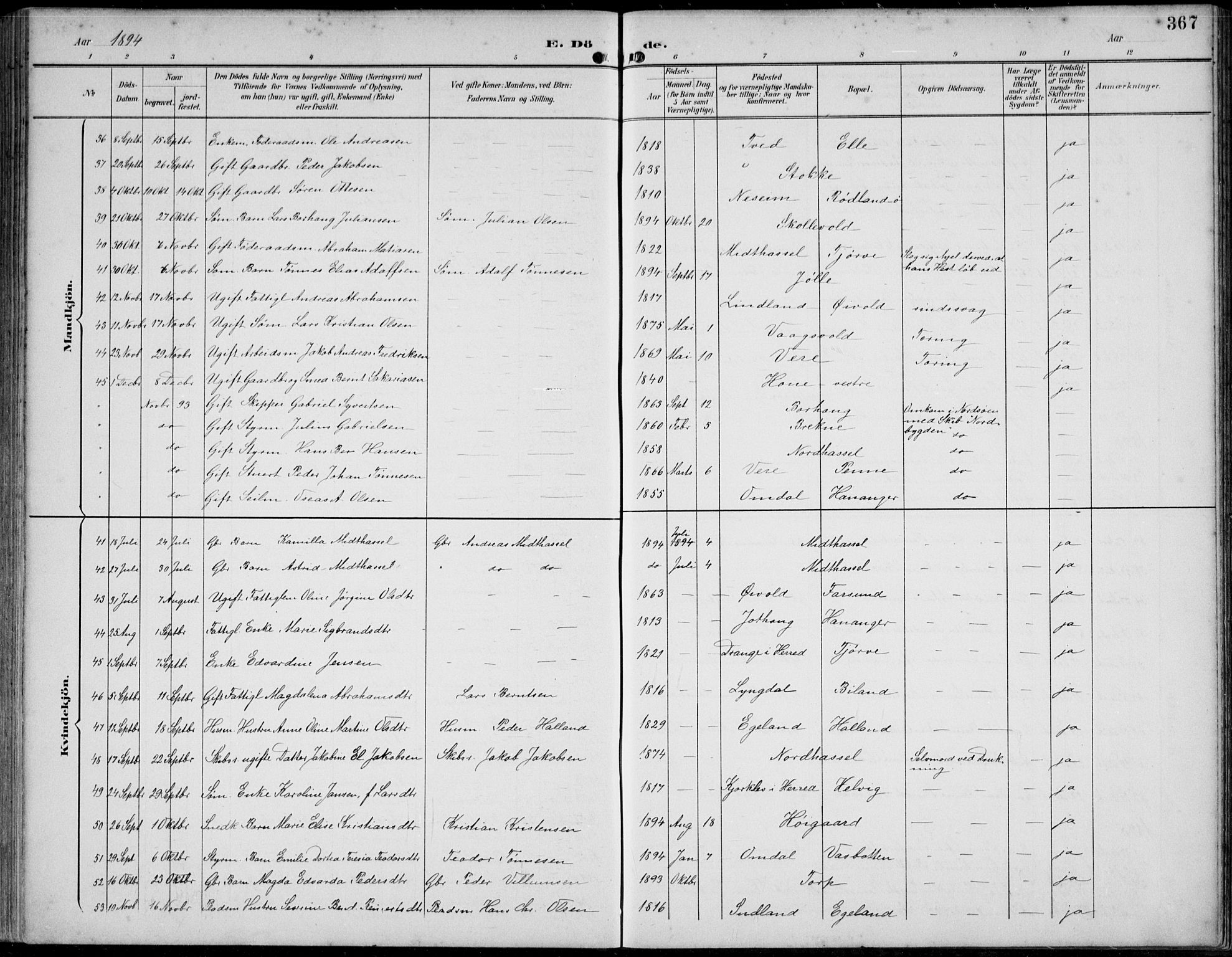 Lista sokneprestkontor, SAK/1111-0027/F/Fb/L0005: Klokkerbok nr. B 5, 1892-1923, s. 367
