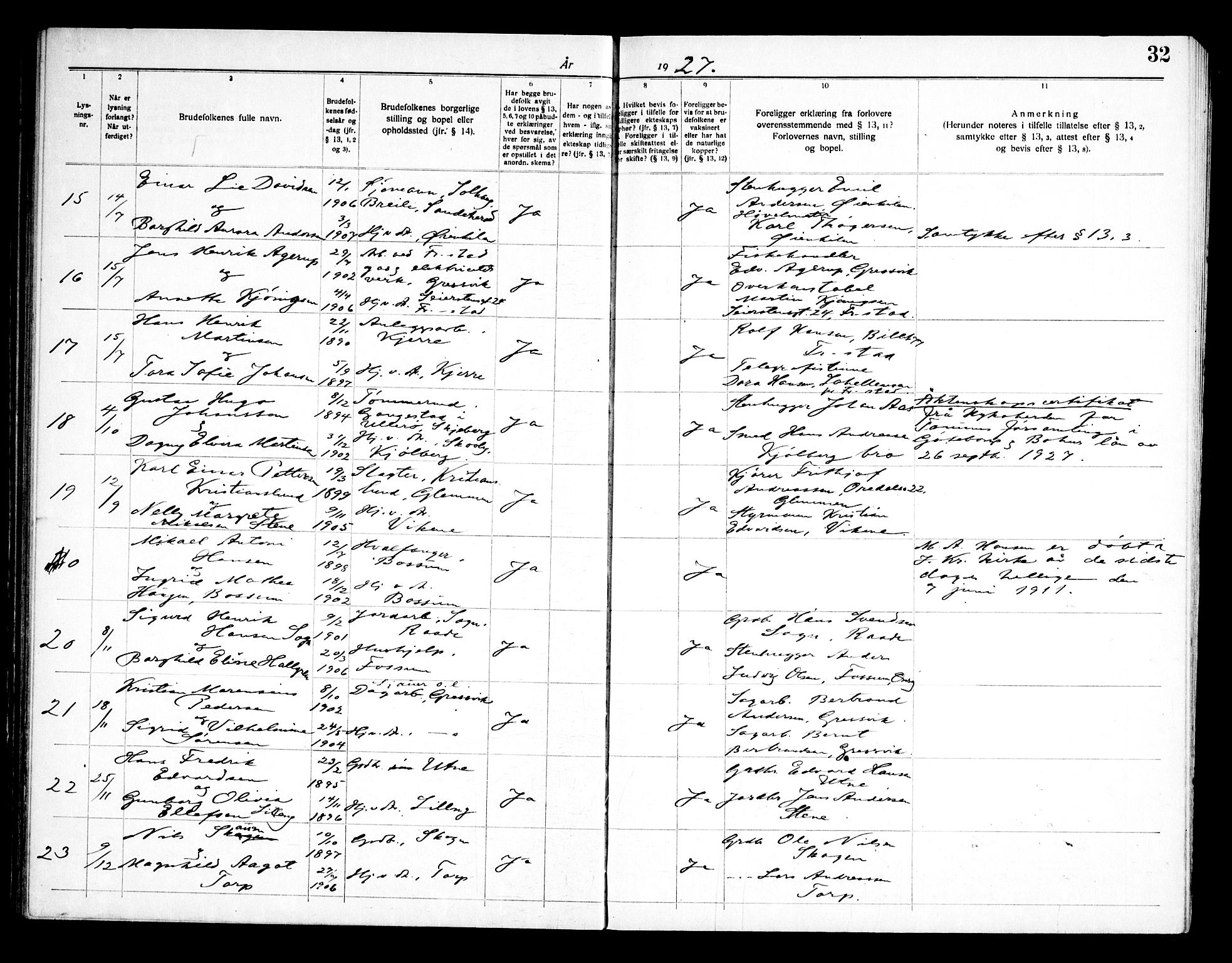 Onsøy prestekontor Kirkebøker, AV/SAO-A-10914/H/Ha/L0001: Lysningsprotokoll nr. I 1, 1919-1956, s. 32