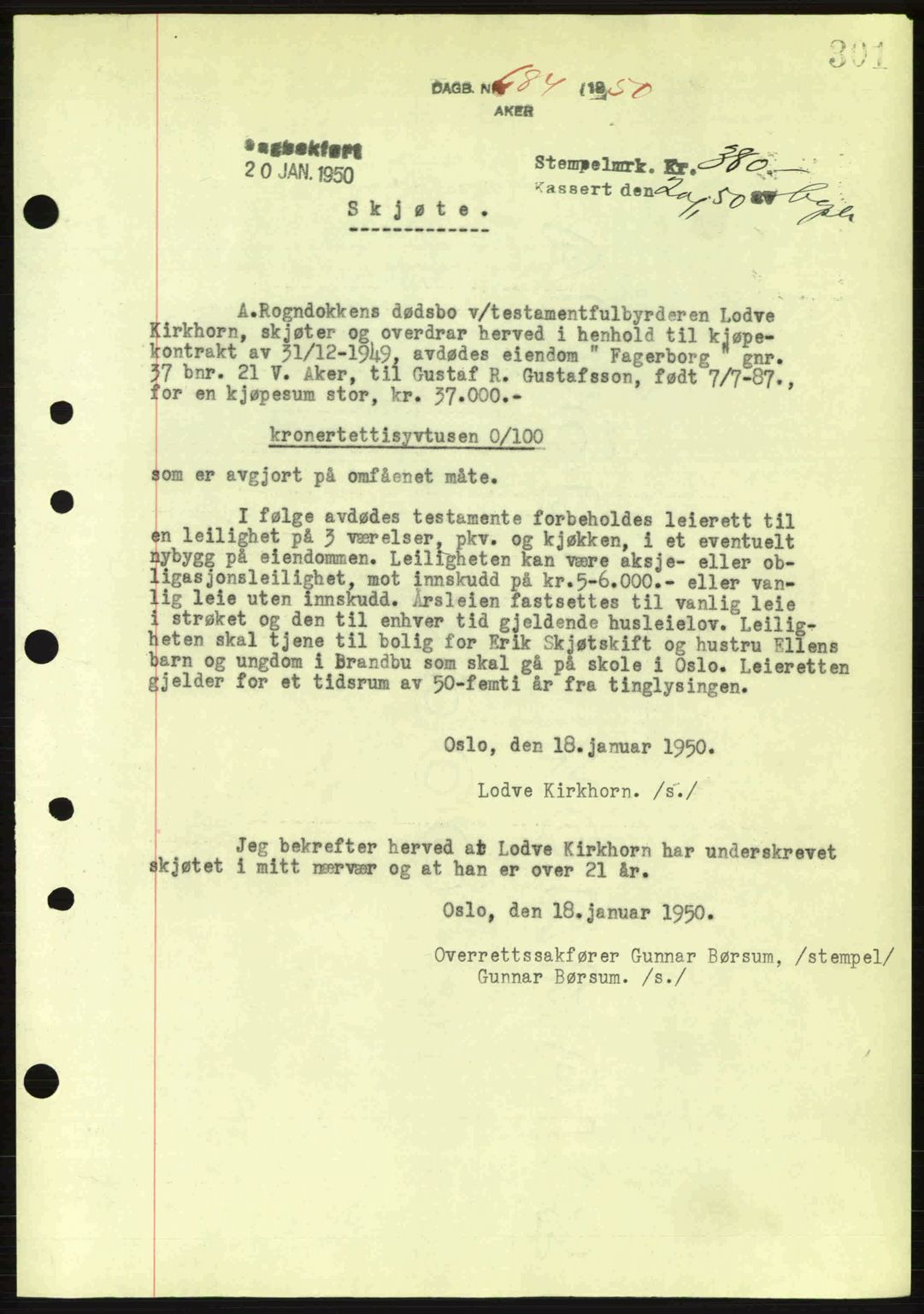 Oslo byskriverembete, AV/SAO-A-10227/G/Gb/Gbd/Gbda/L0017: Pantebok nr. A215, 1949-1950, Dagboknr: 684/1950