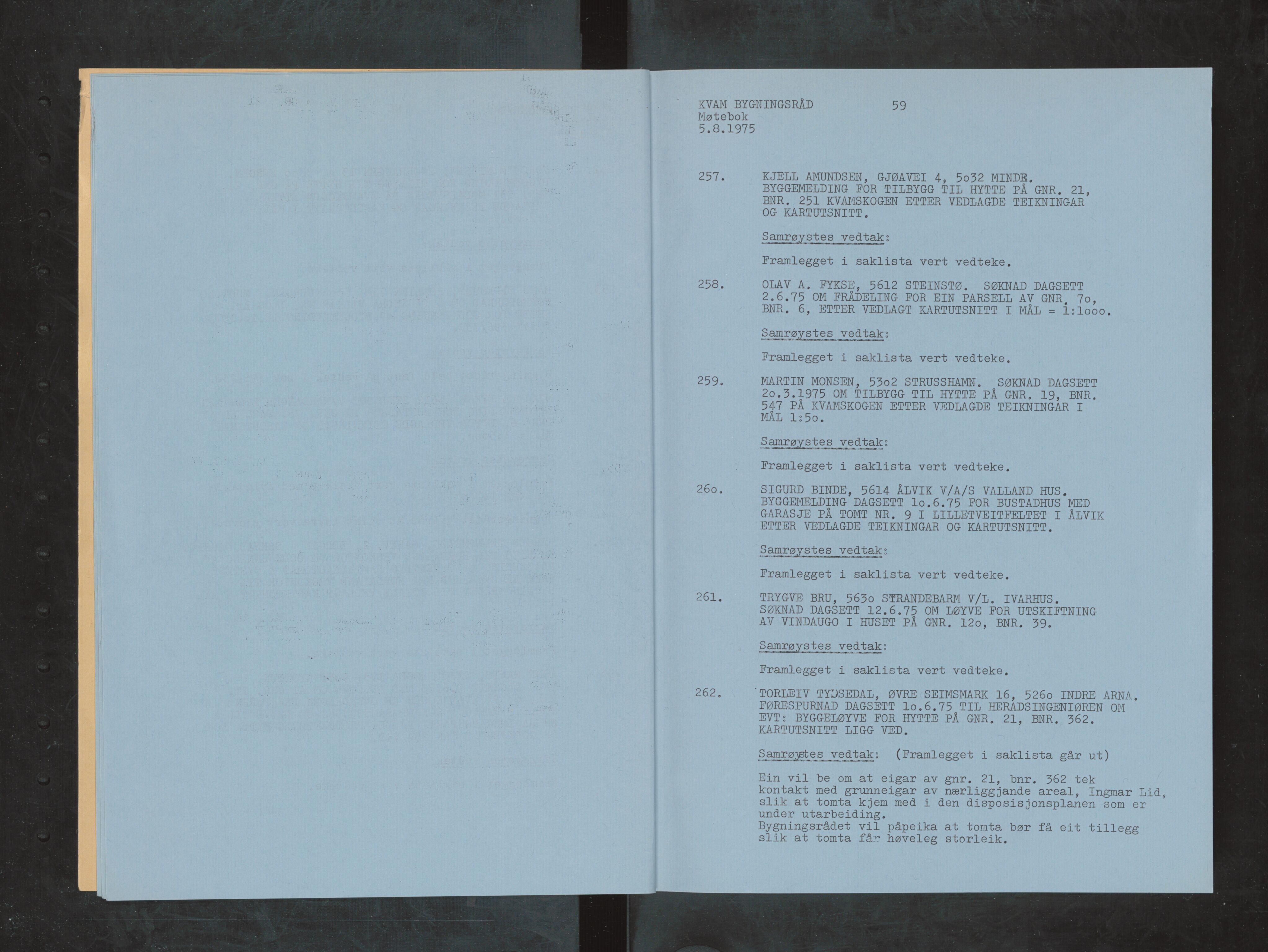 Kvam herad. Bygningsrådet, IKAH/1238-511/A/Ab/L0048: Utskrift av møtebok for Kvam bygningsråd, 1975