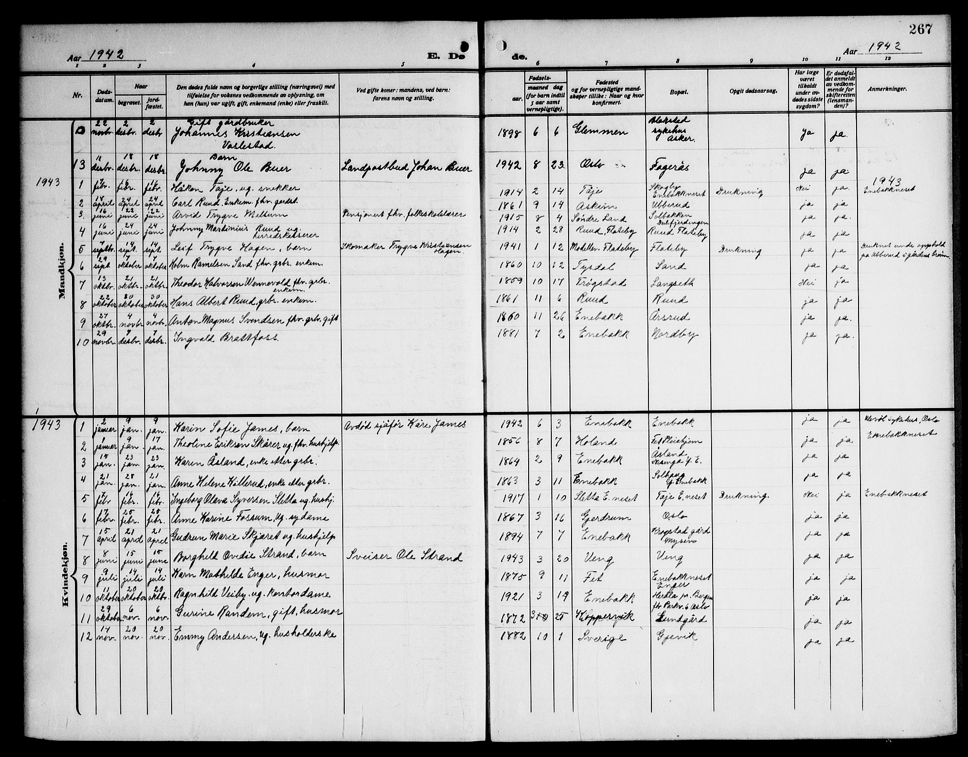 Enebakk prestekontor Kirkebøker, AV/SAO-A-10171c/G/Ga/L0007: Klokkerbok nr. I 7, 1911-1949, s. 267