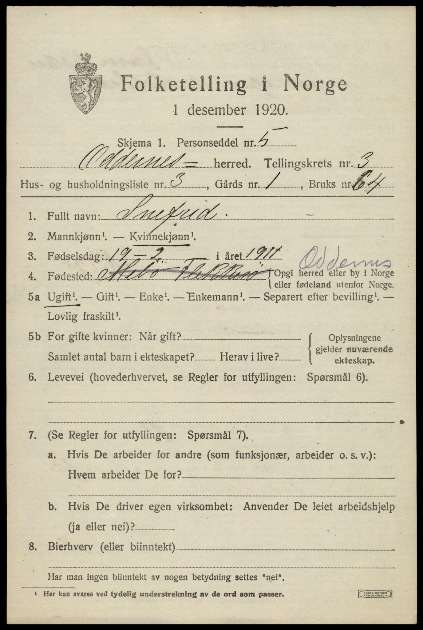 SAK, Folketelling 1920 for 1012 Oddernes herred, 1920, s. 3377