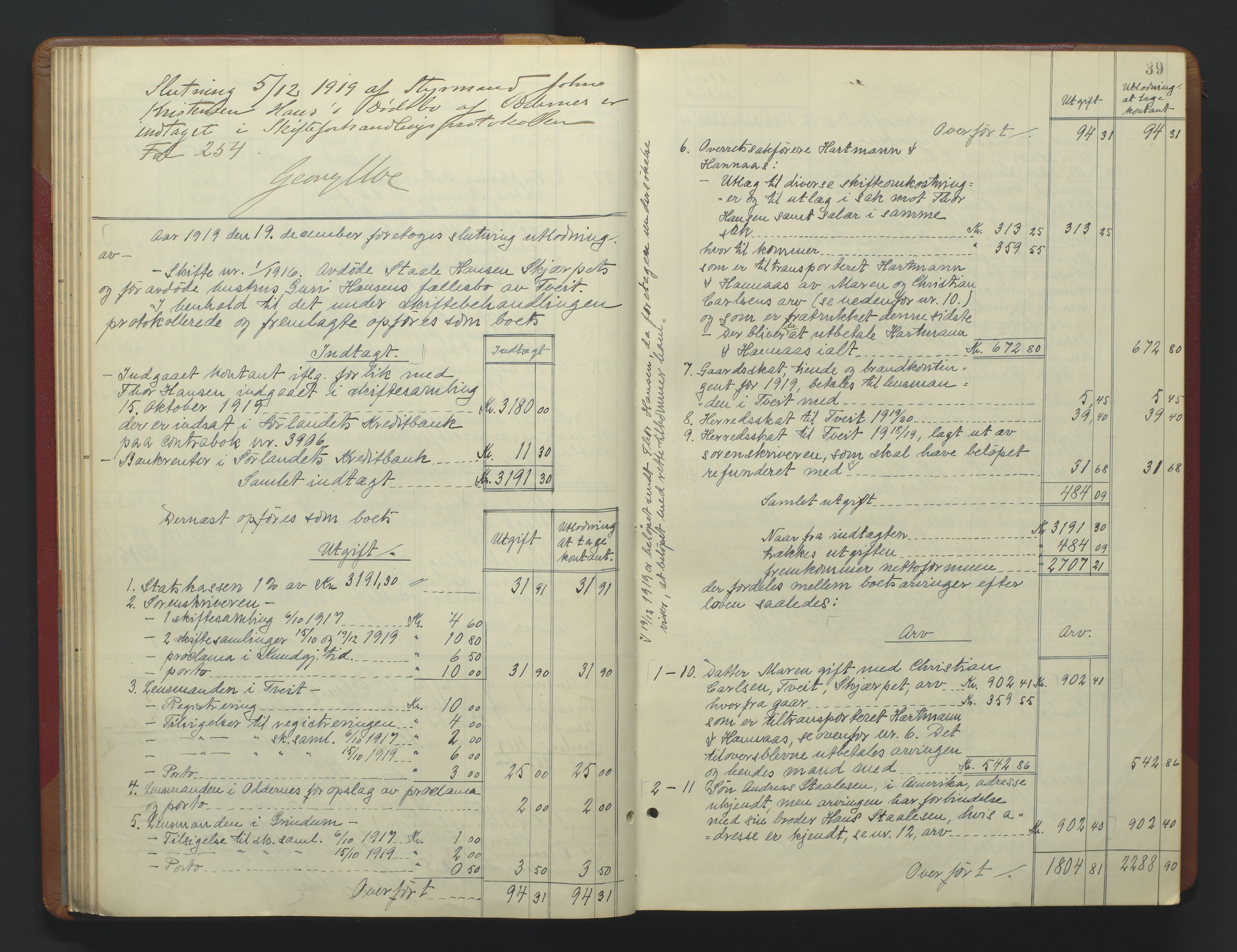 Torridal sorenskriveri, SAK/1221-0012/H/Hc/L0037: Skifteutlodningsprotokoll med navneregister nr. 6, 1918-1927, s. 39