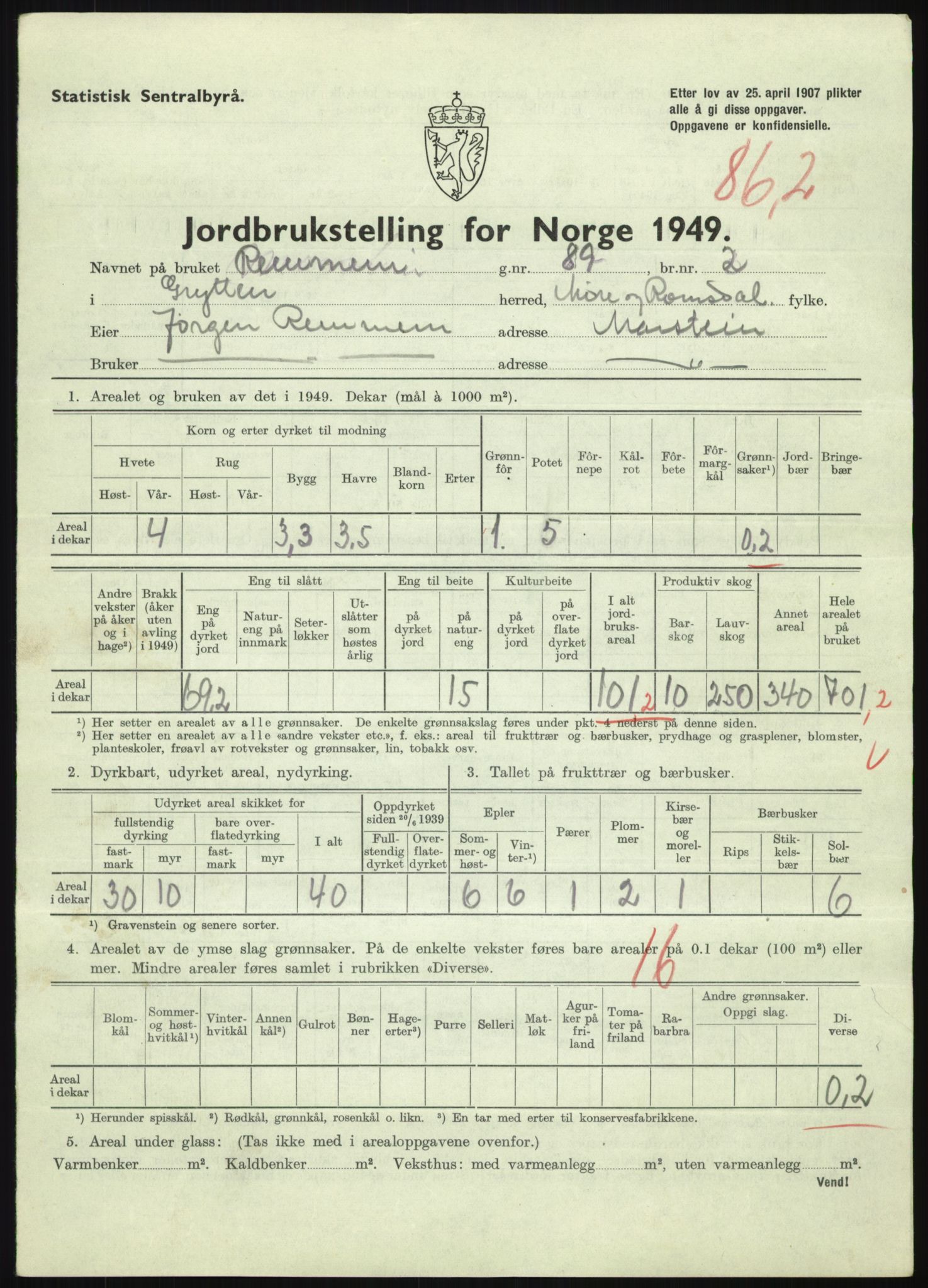 Statistisk sentralbyrå, Næringsøkonomiske emner, Jordbruk, skogbruk, jakt, fiske og fangst, AV/RA-S-2234/G/Gc/L0323: Møre og Romsdal: Grytten og Hen, 1949, s. 345