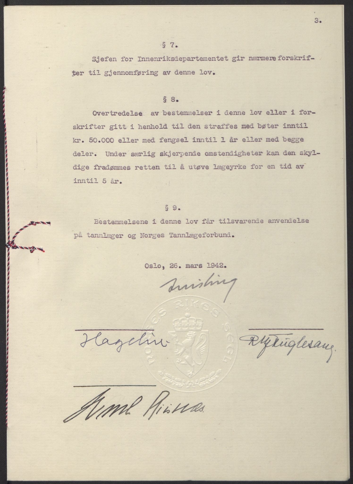 NS-administrasjonen 1940-1945 (Statsrådsekretariatet, de kommisariske statsråder mm), AV/RA-S-4279/D/Db/L0097: Lover I, 1942, s. 245