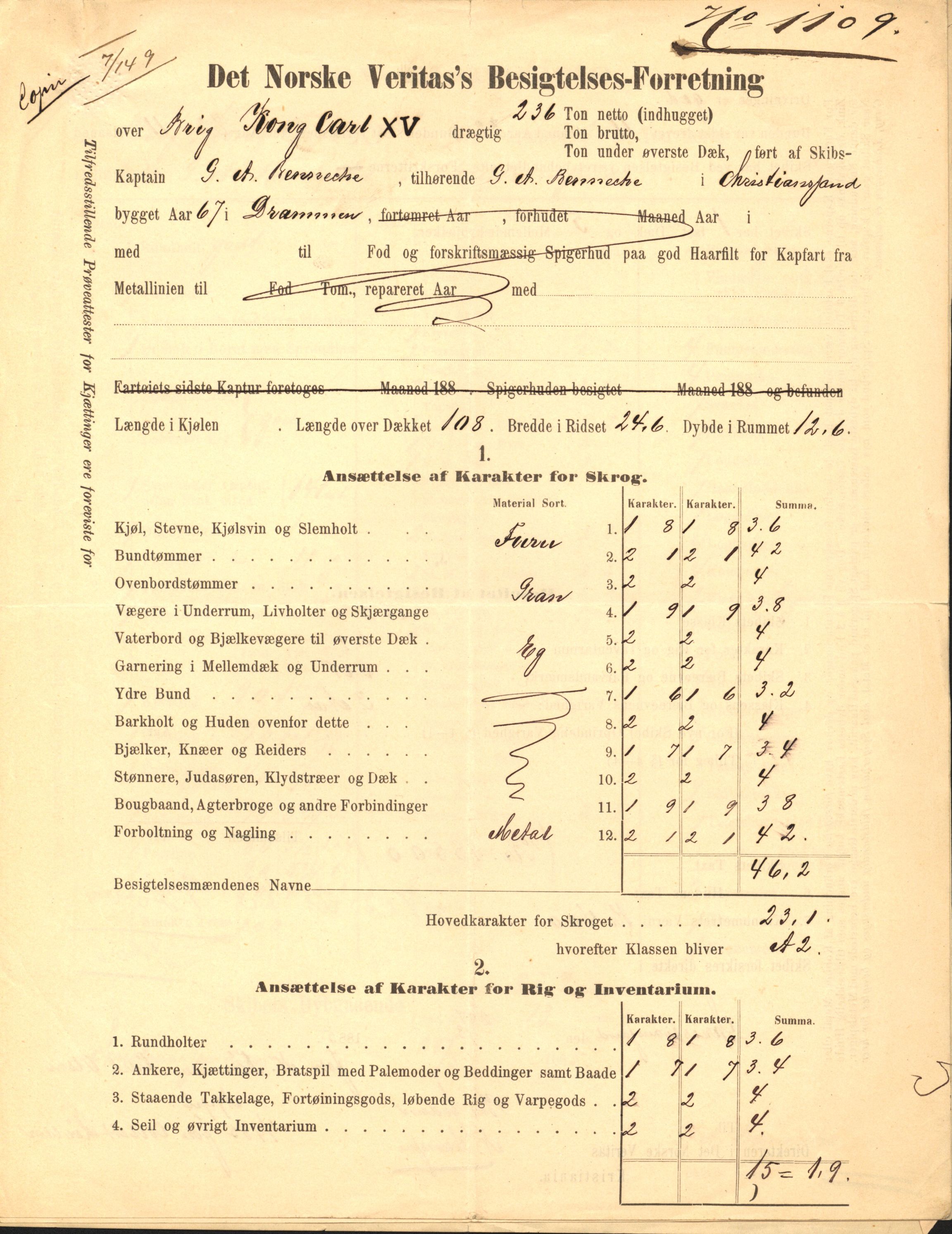 Pa 63 - Østlandske skibsassuranceforening, VEMU/A-1079/G/Ga/L0023/0012: Havaridokumenter / Columbus, Christiane Sophie, Marie, Jarlen, Kong Carl XV, 1889, s. 101