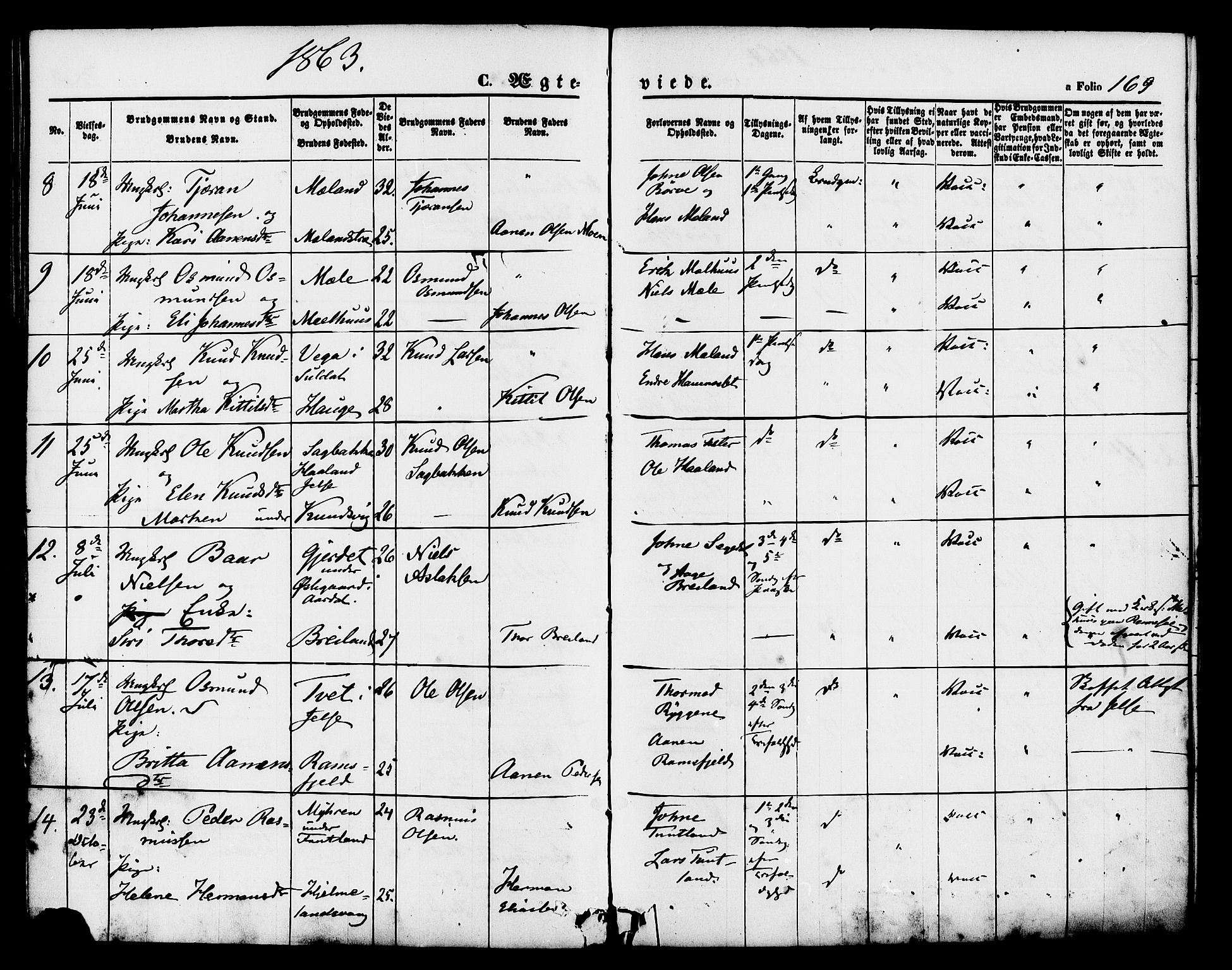 Hjelmeland sokneprestkontor, AV/SAST-A-101843/01/IV/L0011: Ministerialbok nr. A 11, 1861-1878, s. 169