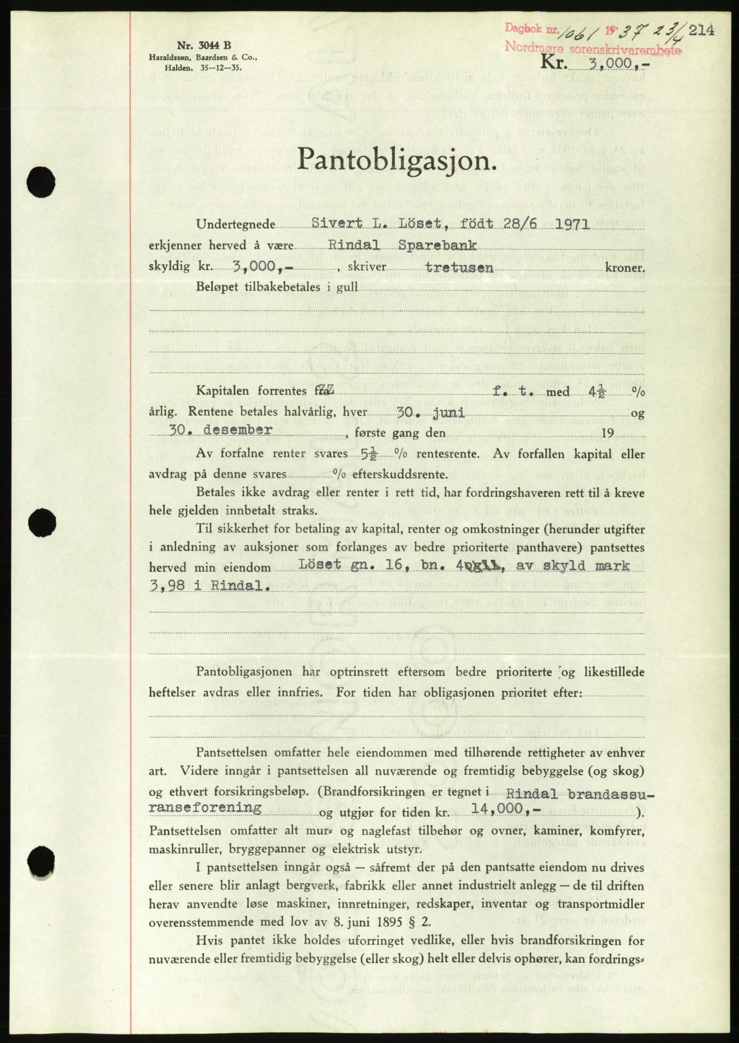 Nordmøre sorenskriveri, AV/SAT-A-4132/1/2/2Ca/L0091: Pantebok nr. B81, 1937-1937, Dagboknr: 1061/1937