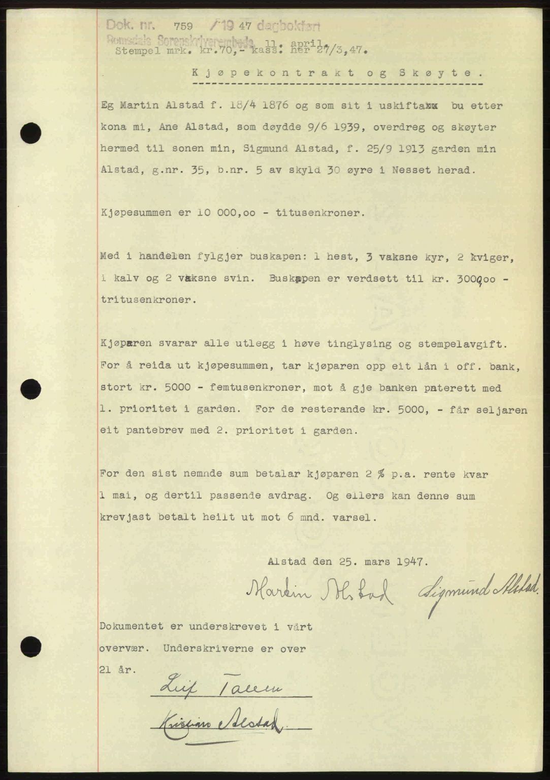 Romsdal sorenskriveri, SAT/A-4149/1/2/2C: Pantebok nr. A22, 1947-1947, Dagboknr: 759/1947