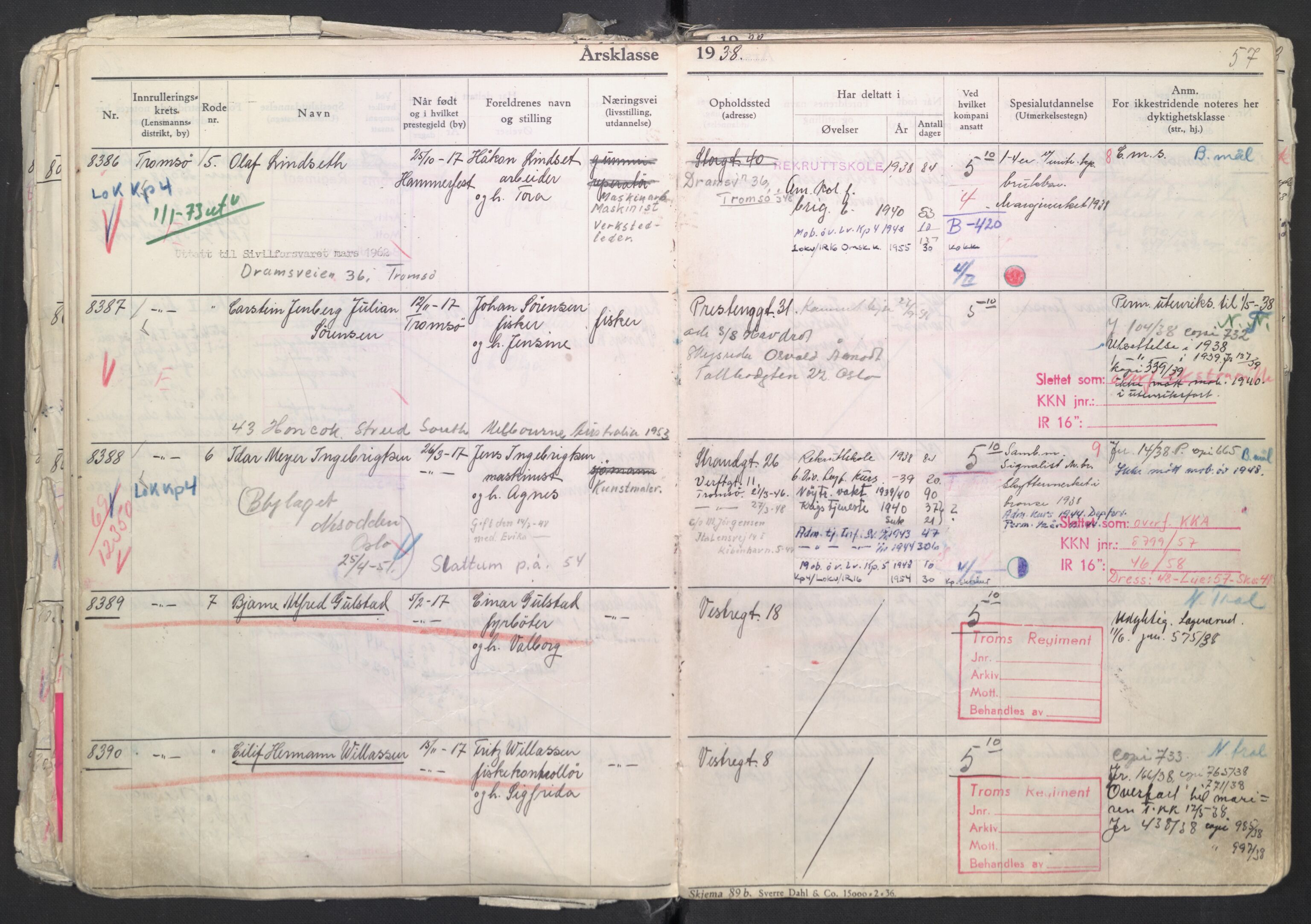 Forsvaret, Troms infanteriregiment nr. 16, AV/RA-RAFA-3146/P/Pa/L0007/0003: Ruller / Rulle for regimentets menige mannskaper, årsklasse 1938, 1938, s. 57