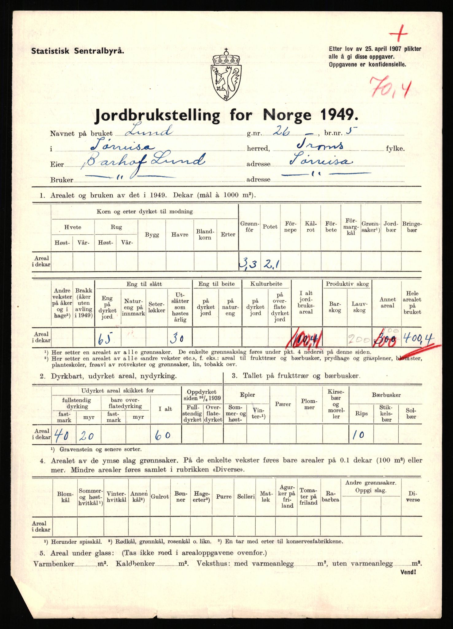 Statistisk sentralbyrå, Næringsøkonomiske emner, Jordbruk, skogbruk, jakt, fiske og fangst, AV/RA-S-2234/G/Gc/L0440: Troms: Sørreisa og Dyrøy, 1949, s. 848