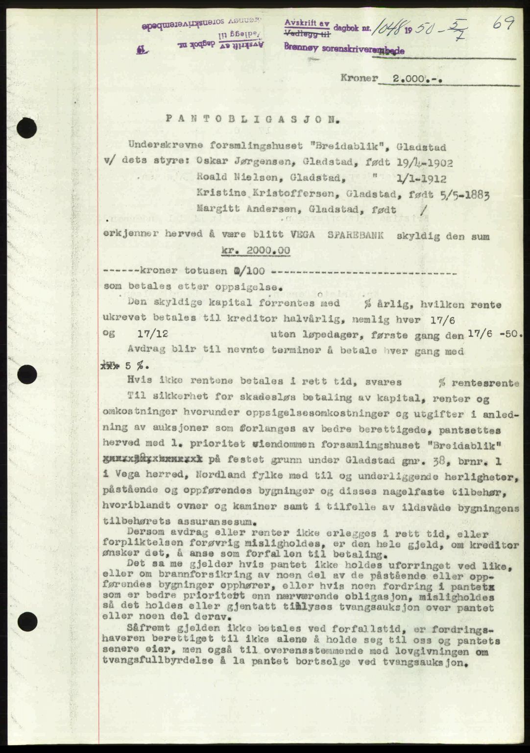 Brønnøy sorenskriveri, SAT/A-4170/1/2/2C: Pantebok nr. 36, 1950-1950, Dagboknr: 1048/1950