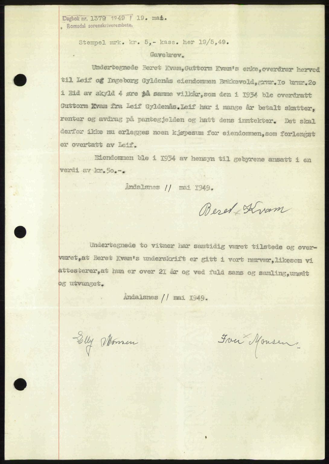 Romsdal sorenskriveri, SAT/A-4149/1/2/2C: Pantebok nr. A29, 1949-1949, Dagboknr: 1379/1949