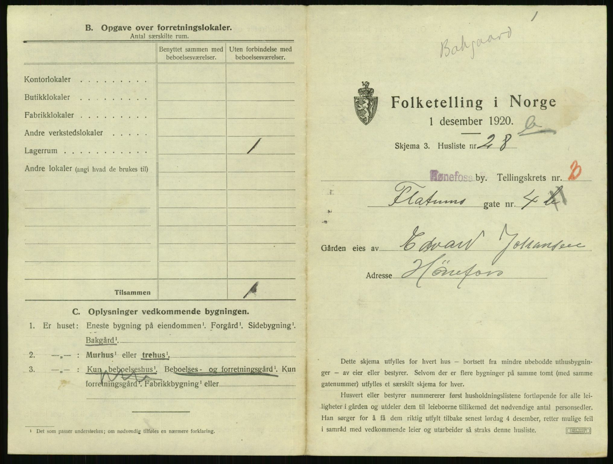 SAKO, Folketelling 1920 for 0601 Hønefoss kjøpstad, 1920, s. 454