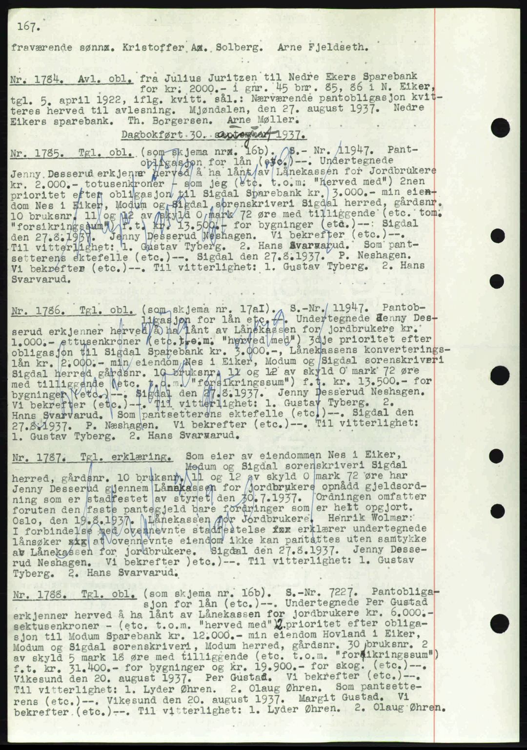 Eiker, Modum og Sigdal sorenskriveri, SAKO/A-123/G/Ga/Gab/L0036: Pantebok nr. A6, 1937-1937, Dagboknr: 1784/1937