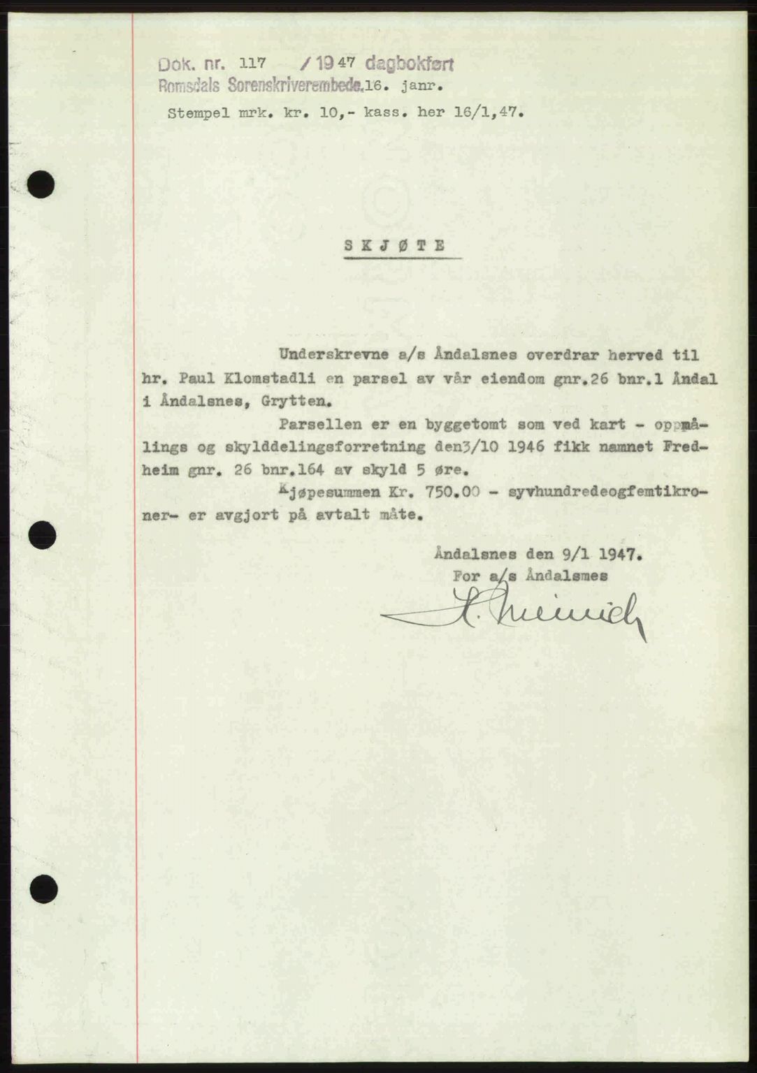 Romsdal sorenskriveri, SAT/A-4149/1/2/2C: Pantebok nr. A22, 1947-1947, Dagboknr: 117/1947