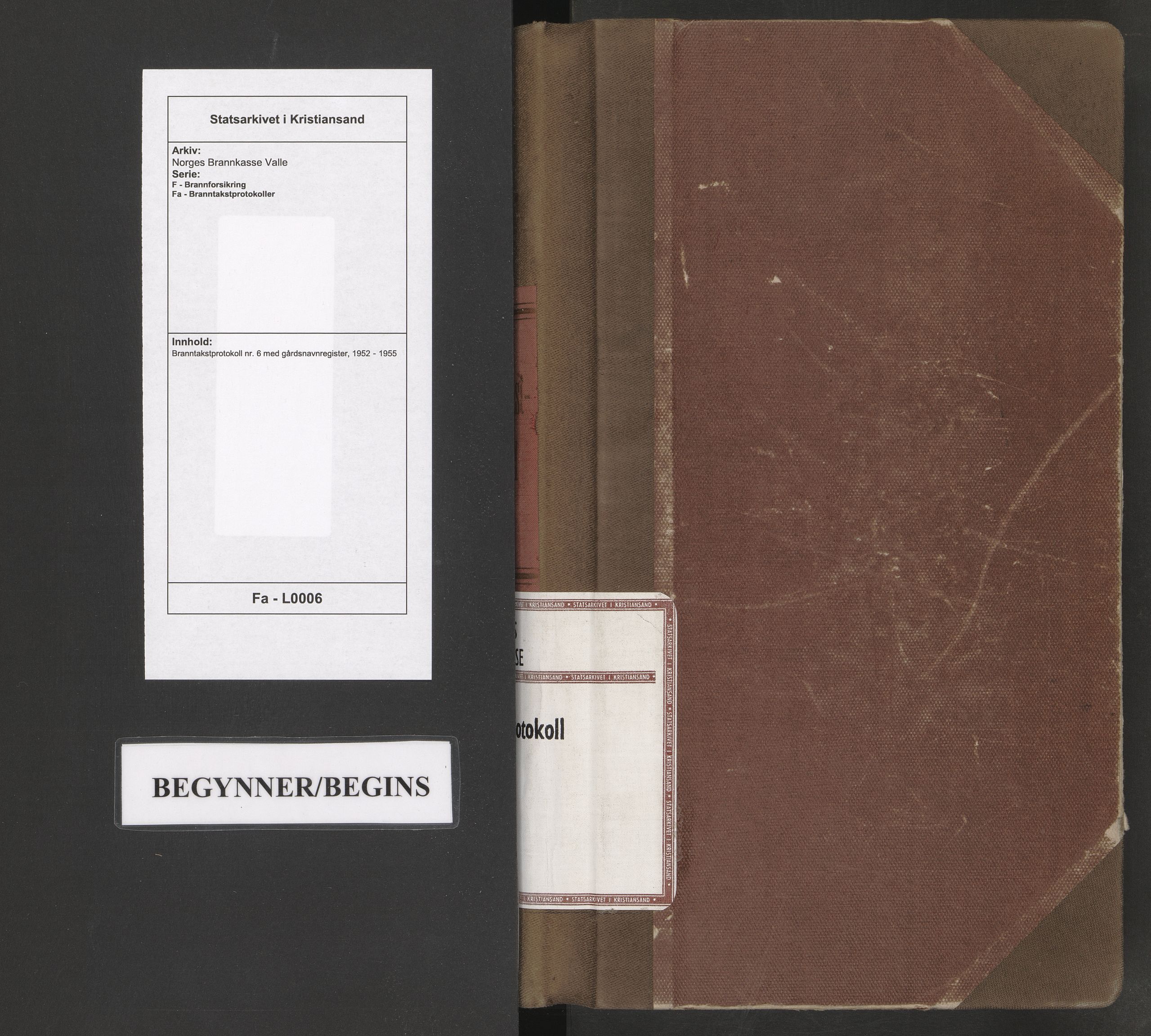 Norges Brannkasse Valle, AV/SAK-2241-0052/F/Fa/L0006: Branntakstprotokoll nr. 6 med gårdsnavnregister, 1952-1955