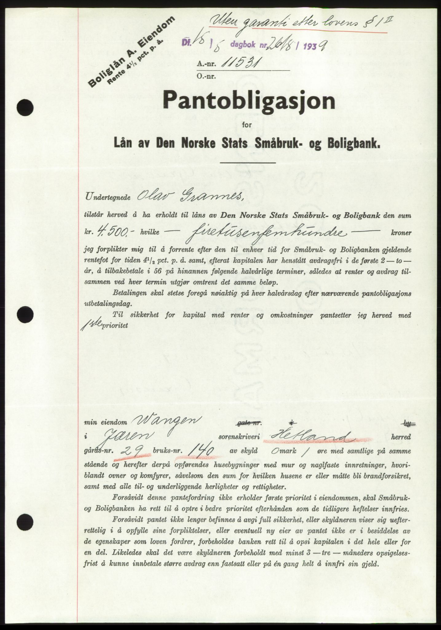 Jæren sorenskriveri, SAST/A-100310/03/G/Gba/L0074: Pantebok, 1939-1939, Dagboknr: 2618/1939