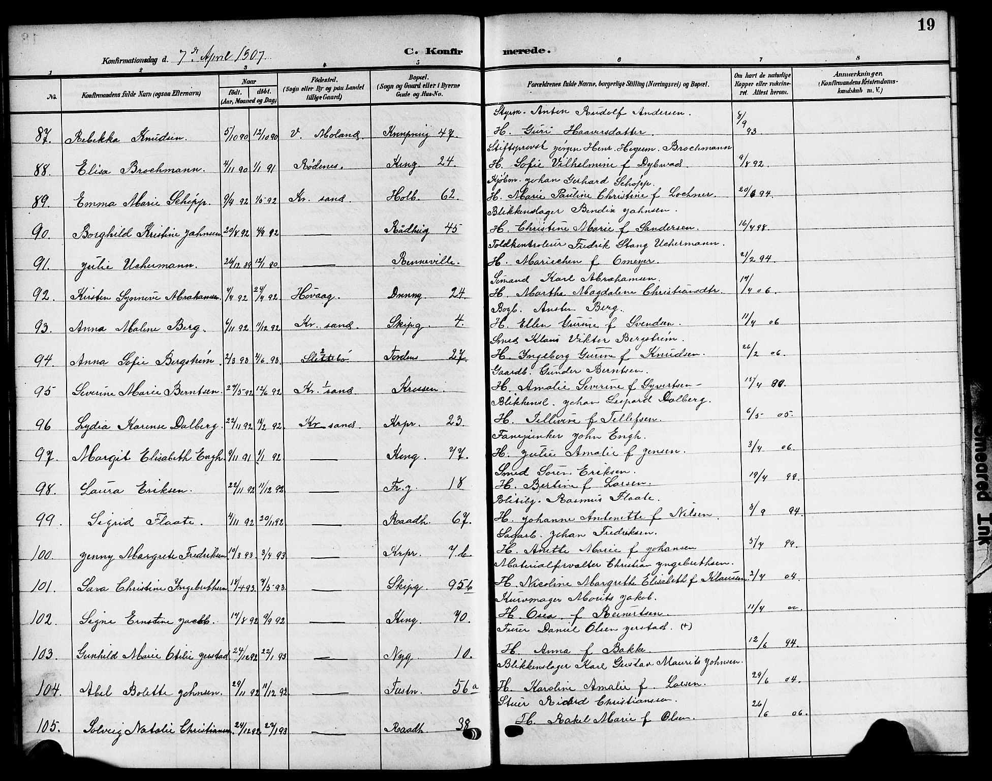 Kristiansand domprosti, AV/SAK-1112-0006/F/Fb/L0020: Klokkerbok nr. B 20, 1906-1915, s. 19