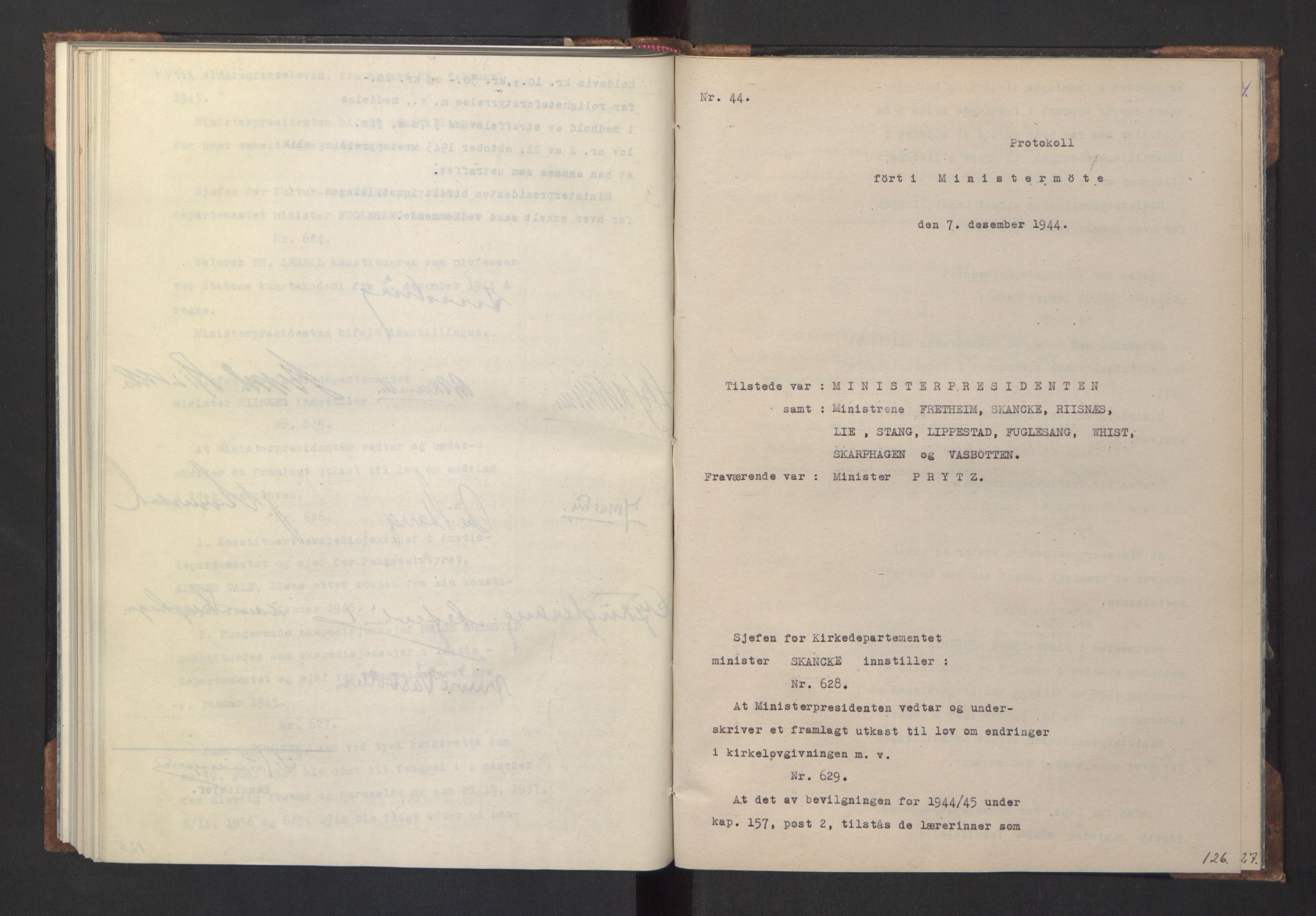 NS-administrasjonen 1940-1945 (Statsrådsekretariatet, de kommisariske statsråder mm), AV/RA-S-4279/D/Da/L0005: Protokoll fra ministermøter, 1944, s. 128