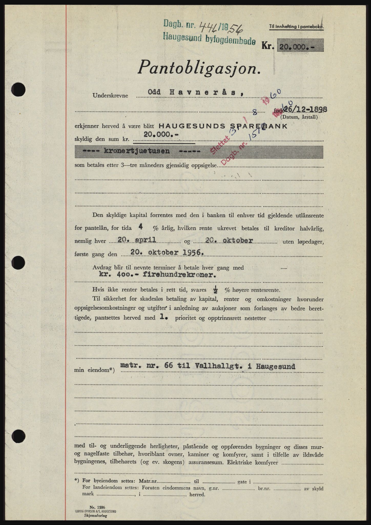 Haugesund tingrett, SAST/A-101415/01/II/IIC/L0042: Pantebok nr. B 42, 1956-1957, Dagboknr: 446/1956