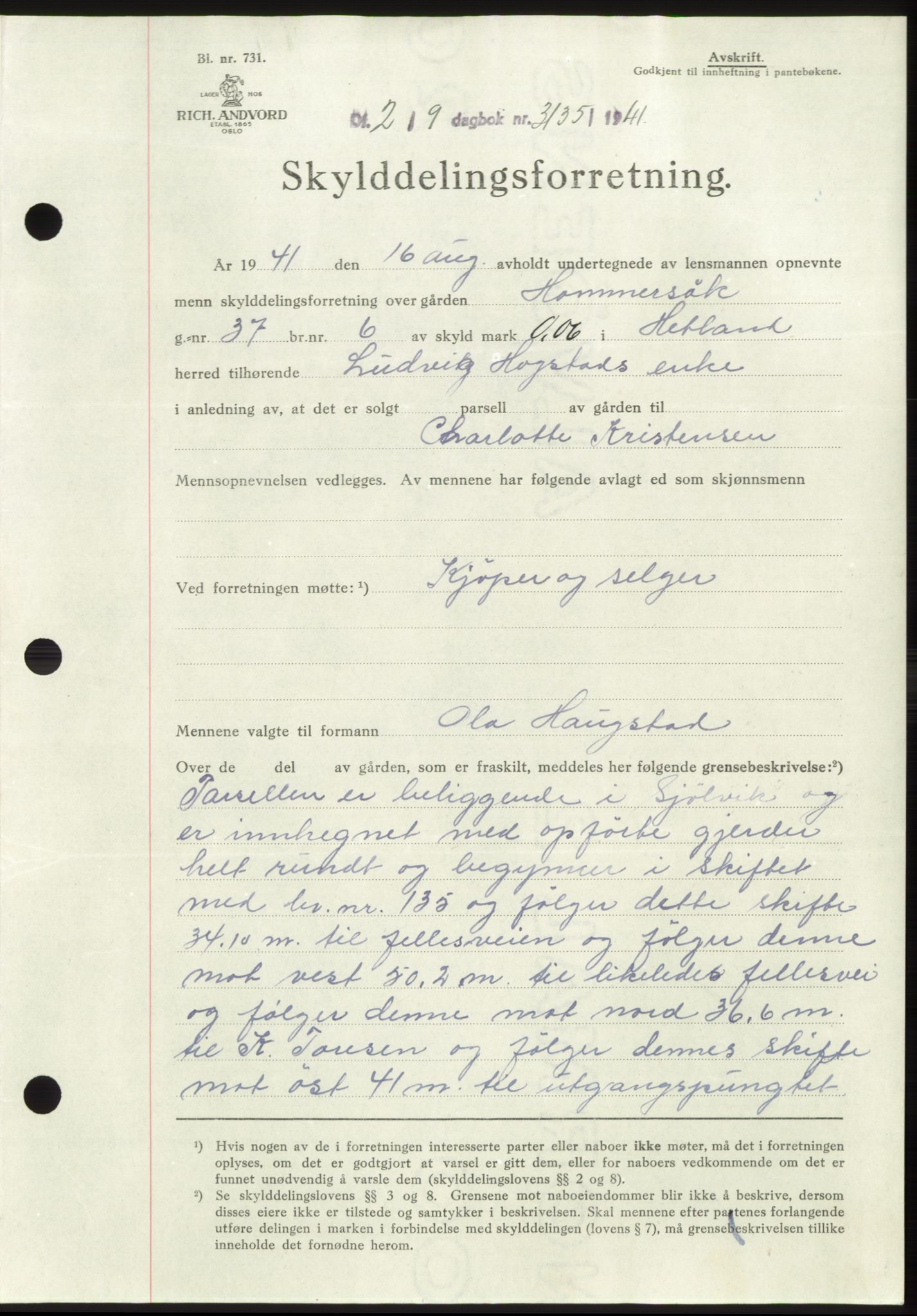 Jæren sorenskriveri, SAST/A-100310/03/G/Gba/L0081: Pantebok, 1941-1941, Dagboknr: 3135/1941