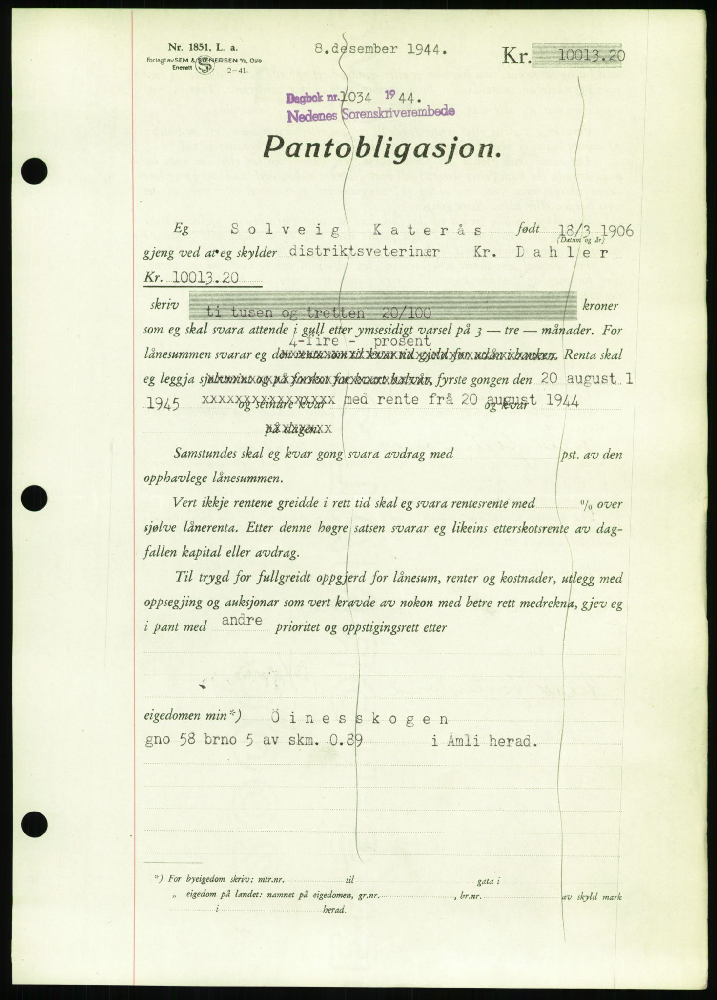 Nedenes sorenskriveri, SAK/1221-0006/G/Gb/Gbb/L0002: Pantebok nr. II, 1942-1945, Dagboknr: 1034/1944