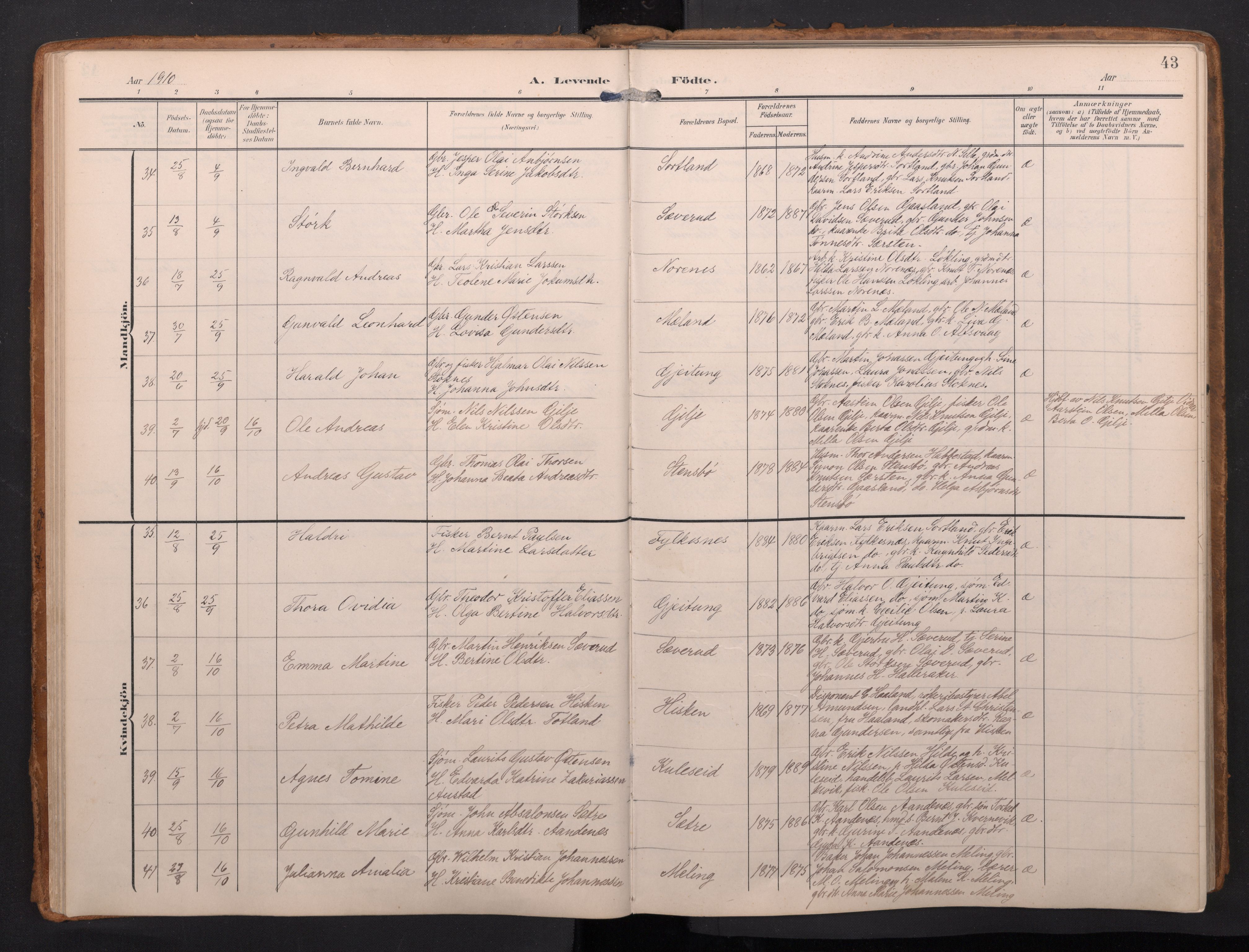 Finnås sokneprestembete, AV/SAB-A-99925/H/Ha/Haa/Haac/L0003: Ministerialbok nr. C 3, 1905-1917, s. 43