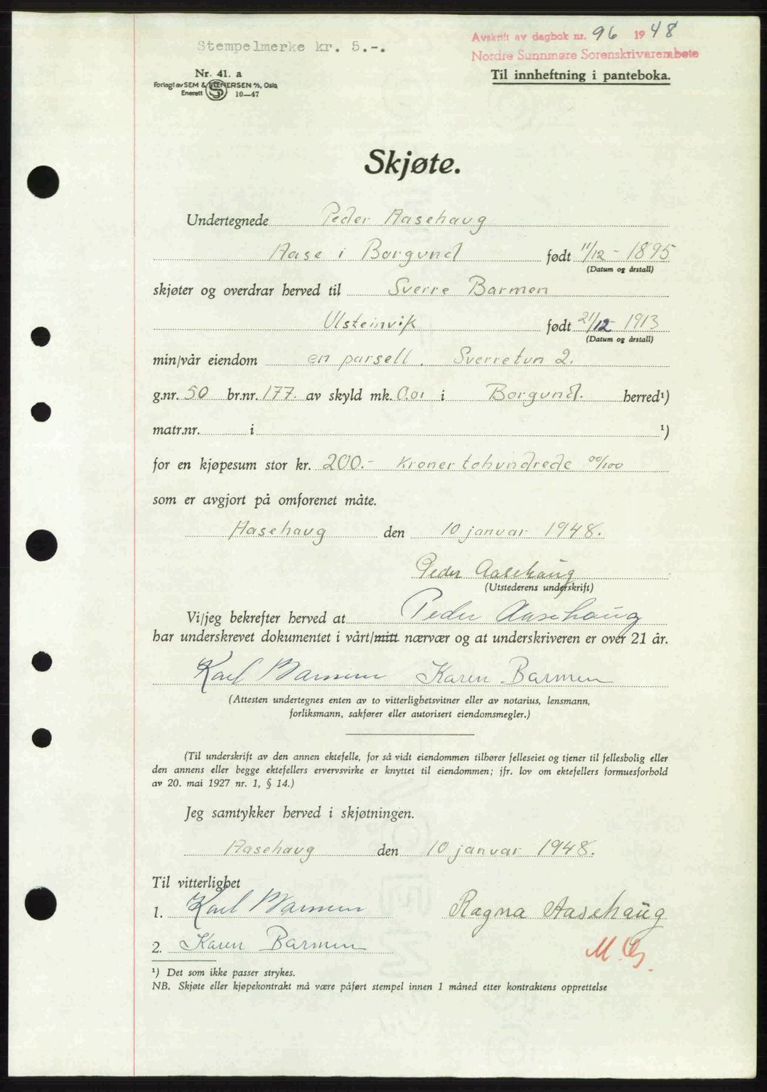 Nordre Sunnmøre sorenskriveri, AV/SAT-A-0006/1/2/2C/2Ca: Pantebok nr. A26, 1947-1948, Dagboknr: 96/1948