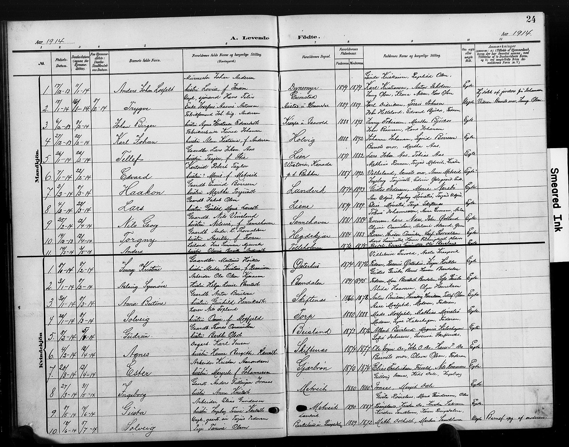 Hommedal sokneprestkontor, AV/SAK-1111-0023/F/Fb/Fbb/L0008: Klokkerbok nr. B 8, 1905-1929, s. 24