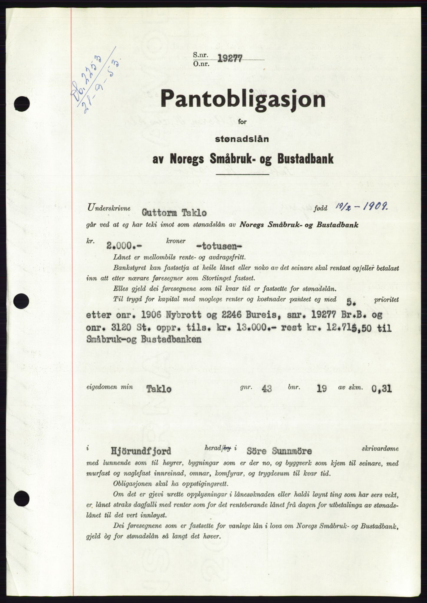 Søre Sunnmøre sorenskriveri, SAT/A-4122/1/2/2C/L0123: Pantebok nr. 11B, 1953-1953, Dagboknr: 2253/1953